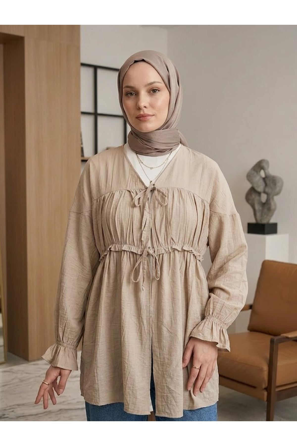 TUN05980-VİZ Büzgülü Bağlamalı Tunik-Vizon