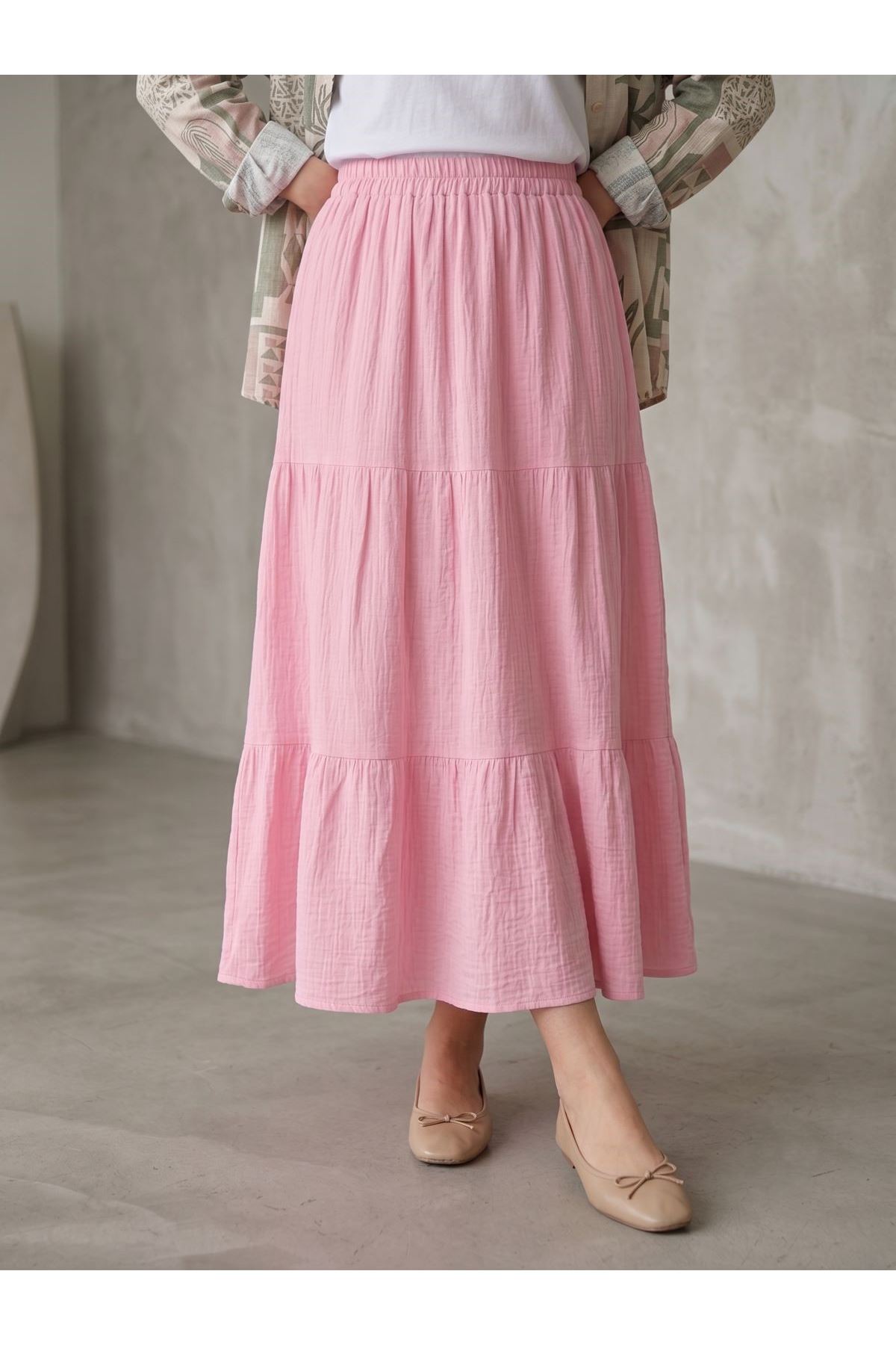 MOE03064-PMB Etek Üç Katlı-Pembe