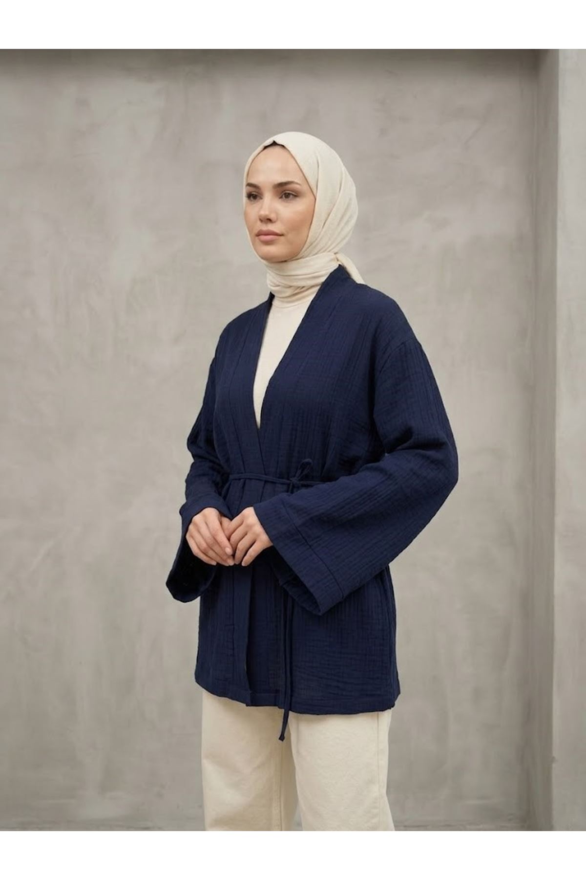 HIR02449-LCV Müslin Kimono-Lacivert