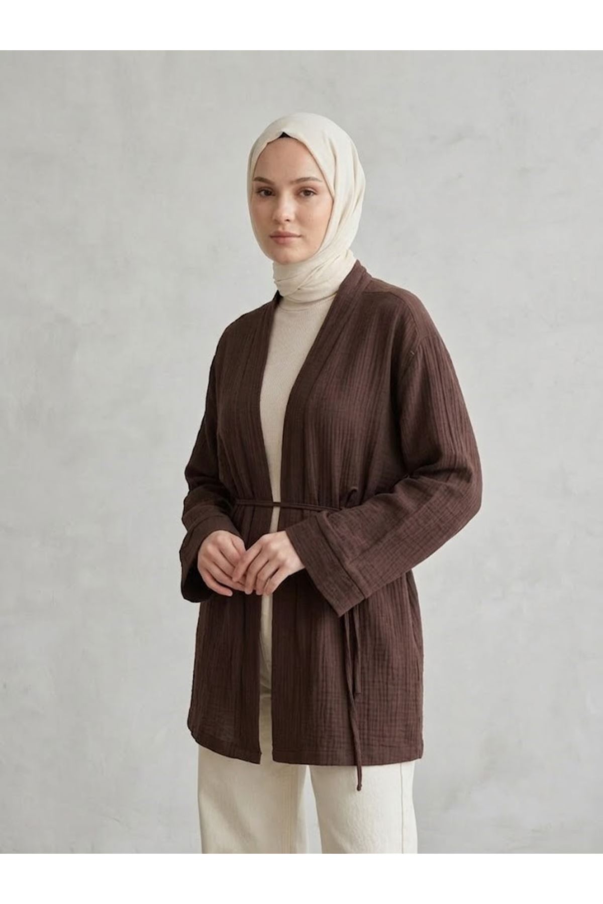 HIR02449-KHV Müslin Kimono-Kahve