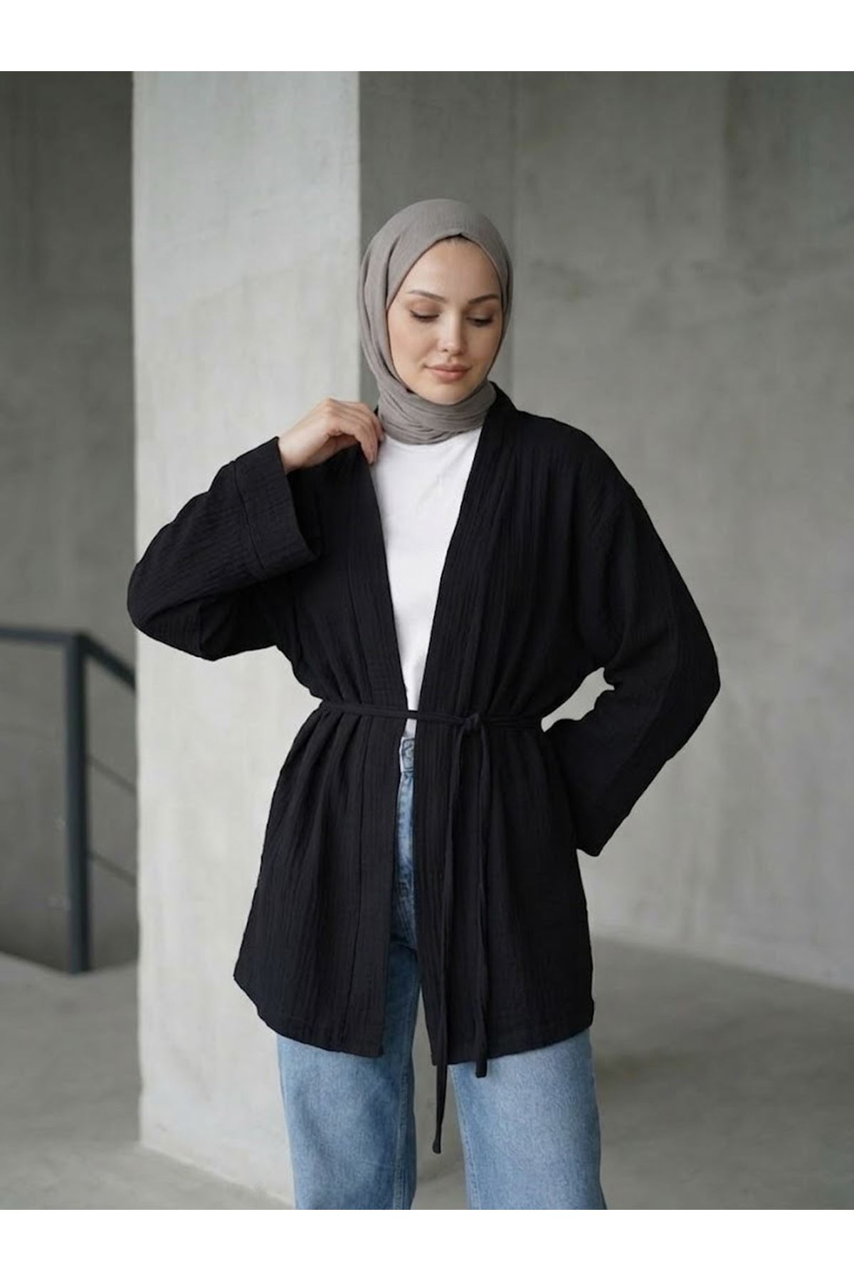 HIR02449-SYH Müslin Kimono-Siyah