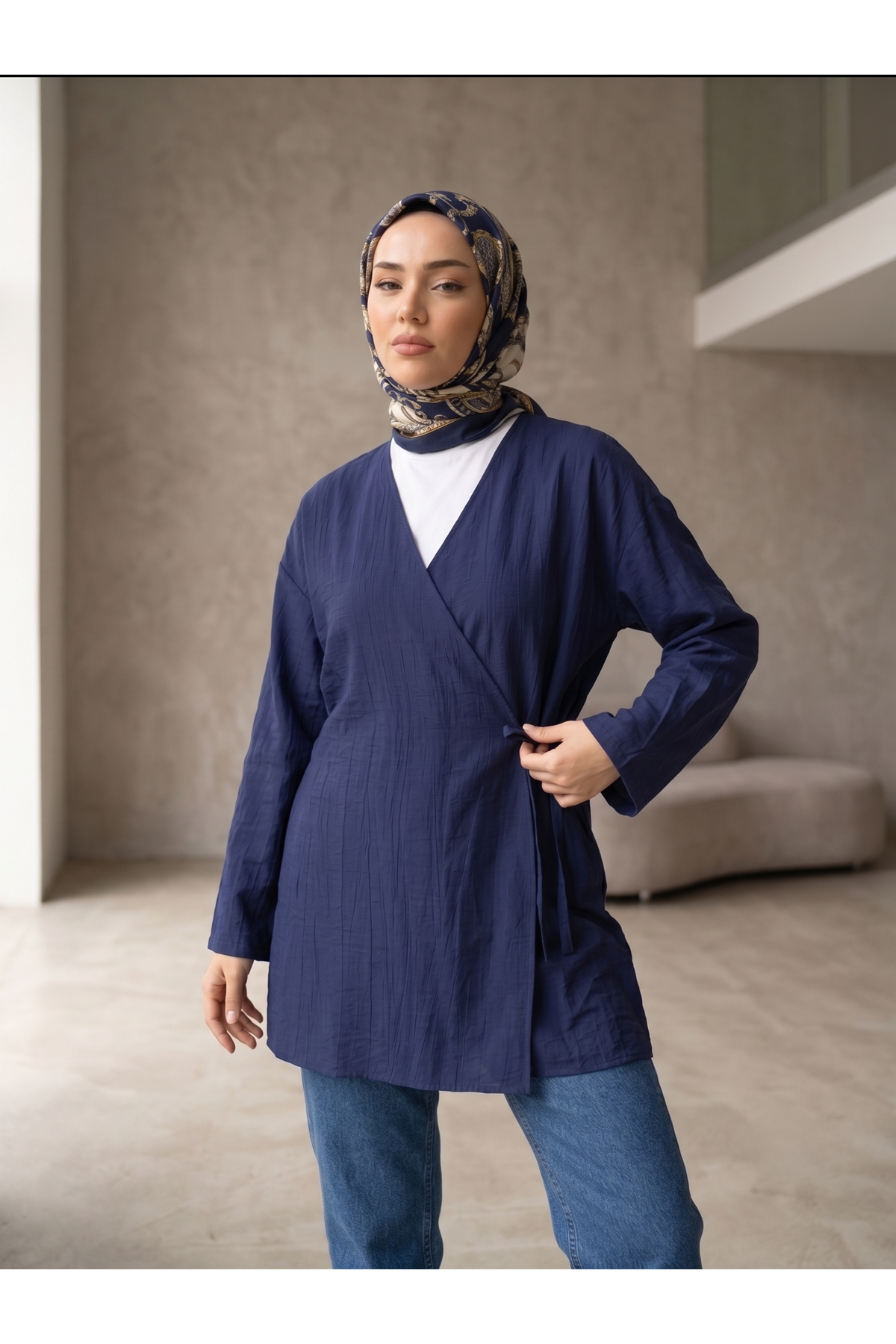 TUN05991-LCV Yan Bağlamalı Çilek Tunik-Lacivert