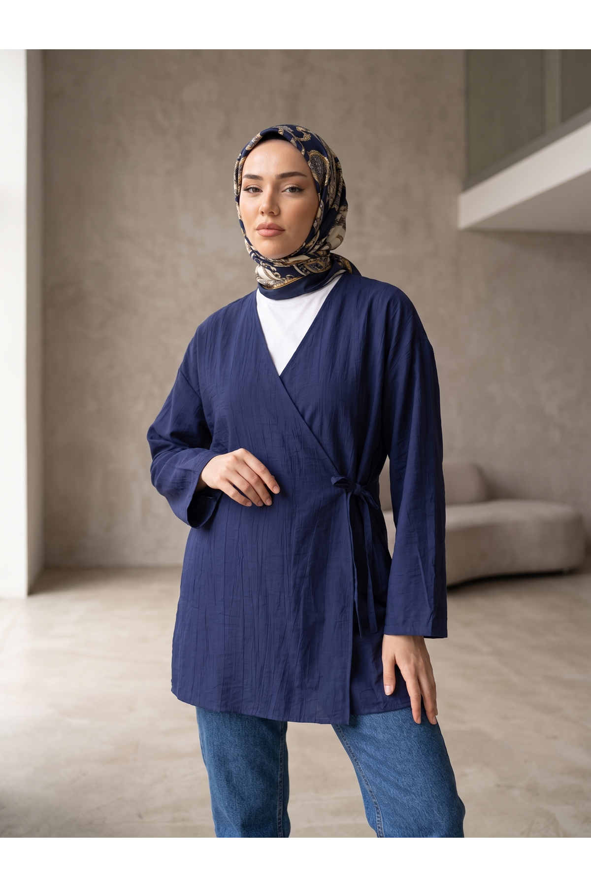 TUN05991-LCV Yan Bağlamalı Çilek Tunik-Lacivert