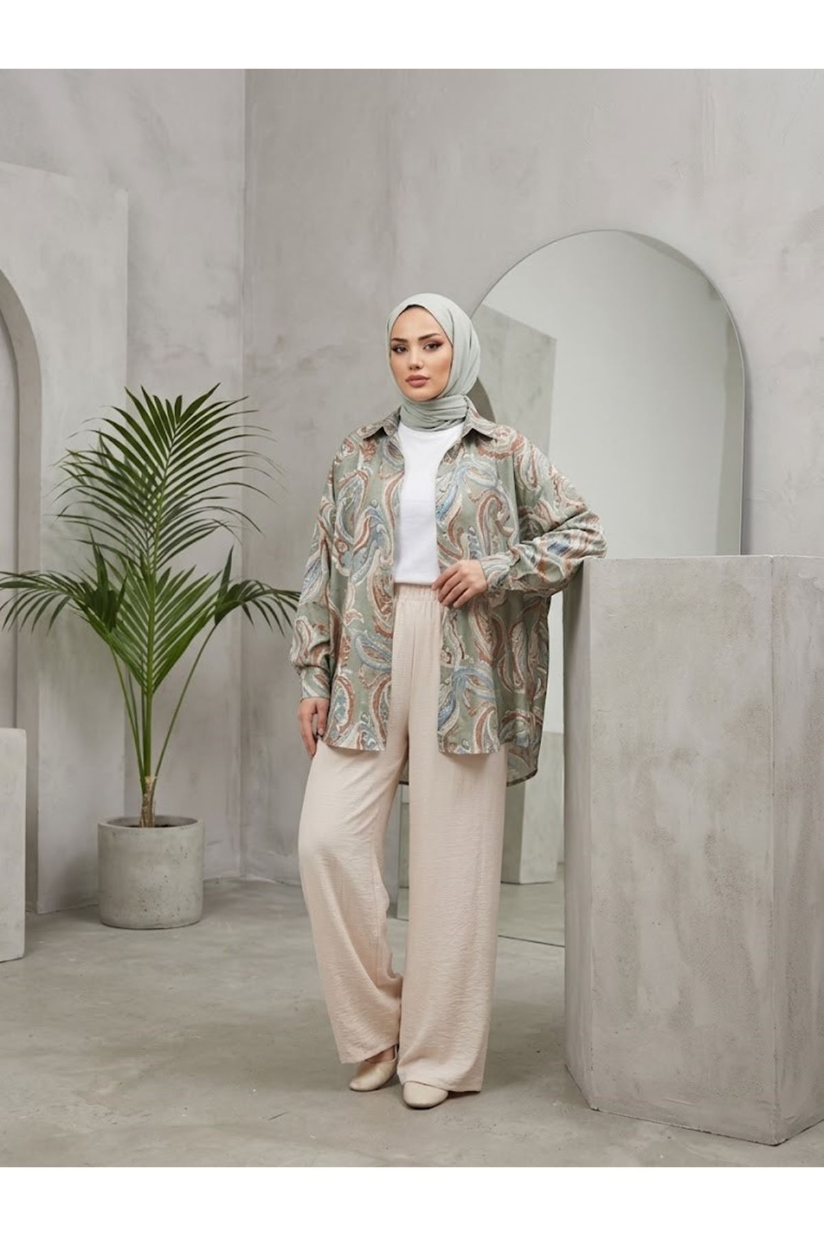 PNT01570-TAŞ Bol Paça Çilek Pantolon-Taş