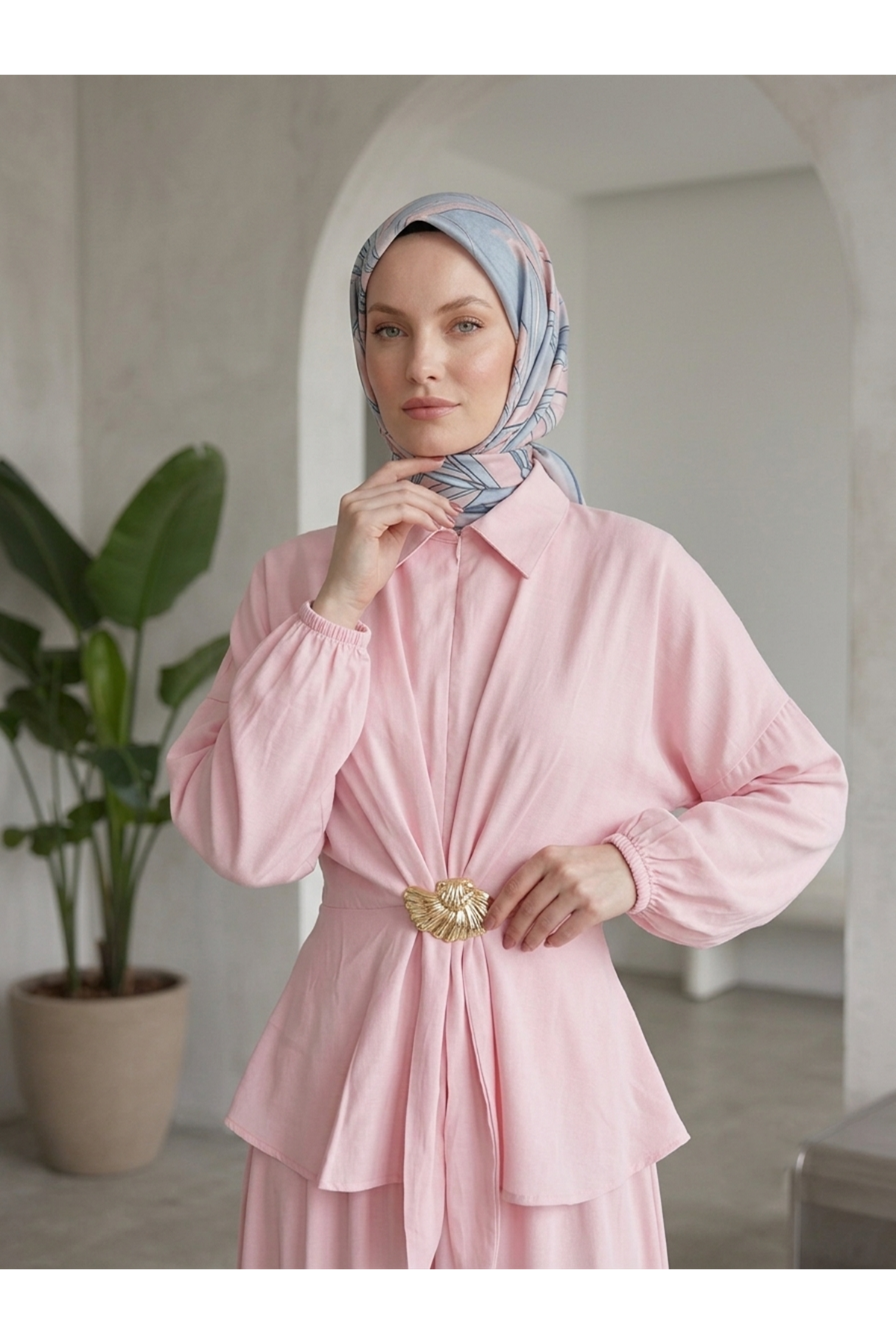 EİT00128-PMB Ön Bağlamalı Aksesuar Detay Etekli Takım-Pembe