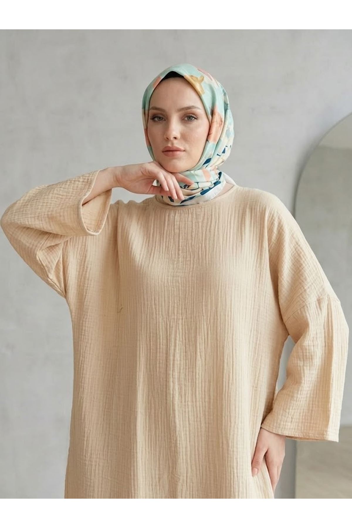 ELB04158-BEJ Reklan Kol Müslin Elbise-Bej