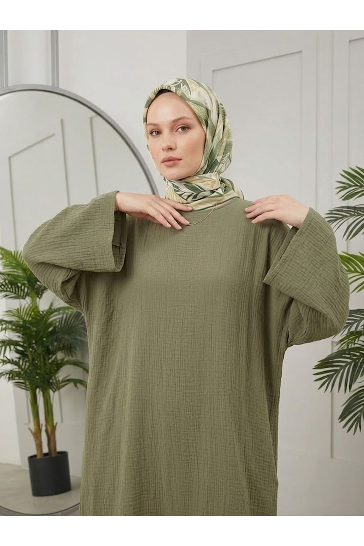 ELB04158-HKİ Reklan Kol Müslin Elbise-Haki