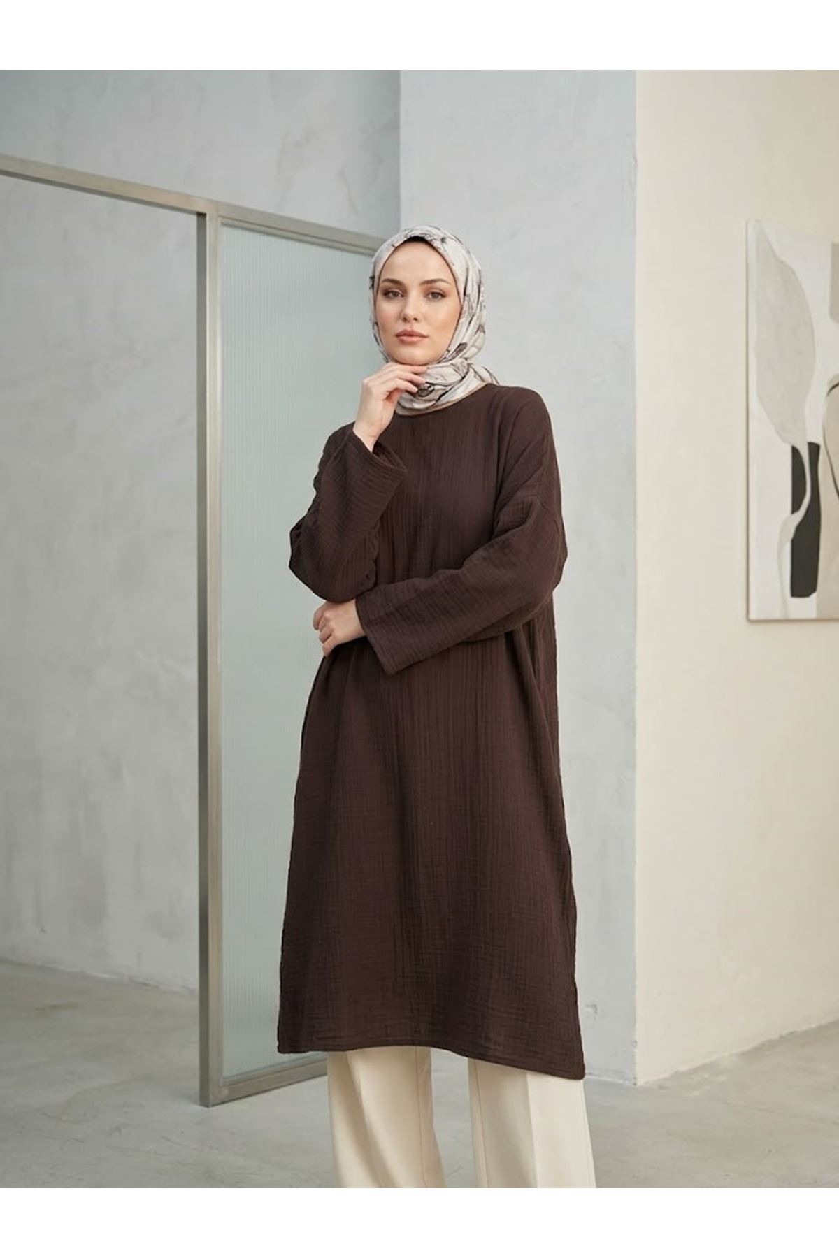 ELB04158-KHV Reklan Kol Müslin Elbise-Kahve