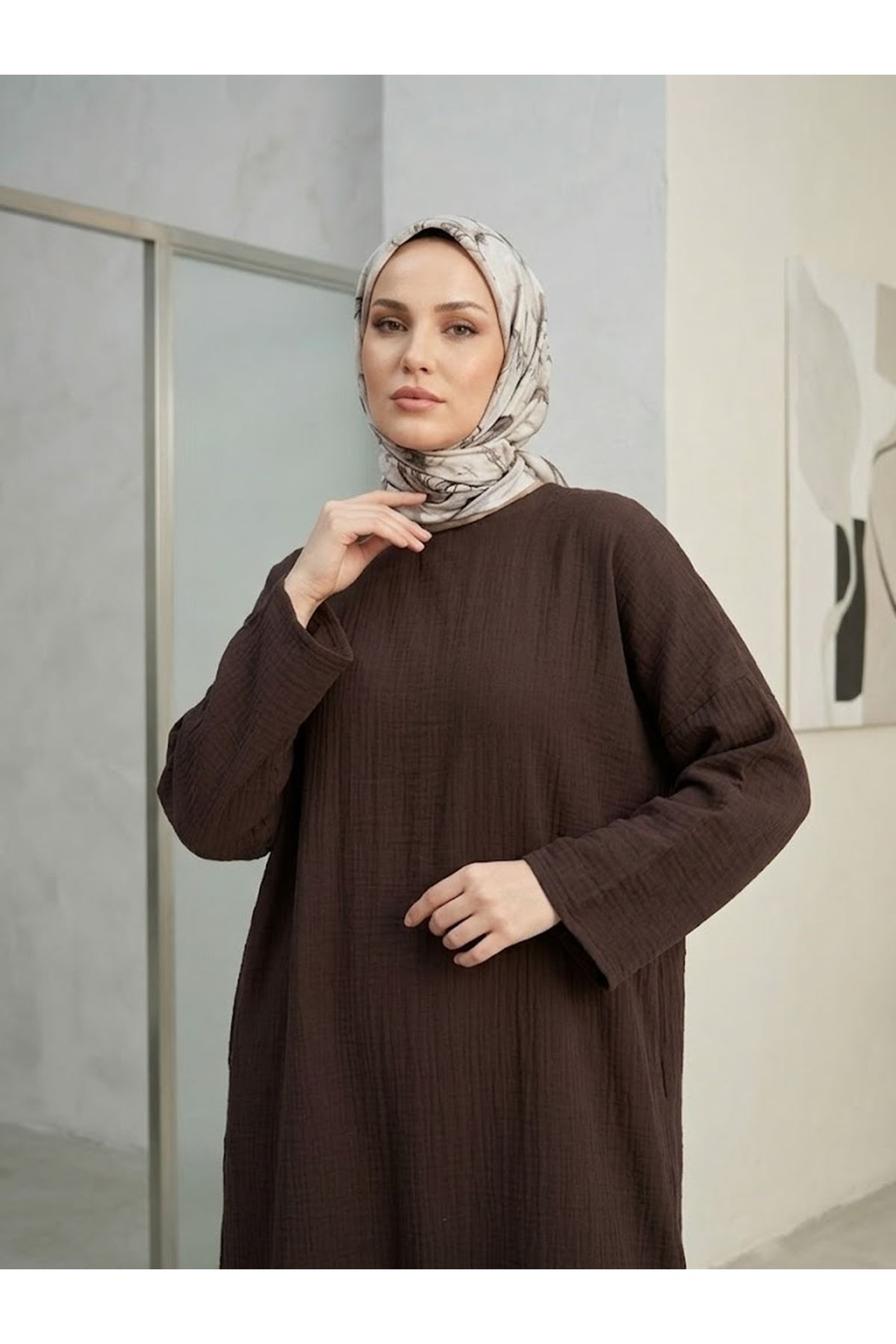 ELB04158-KHV Reklan Kol Müslin Elbise-Kahve