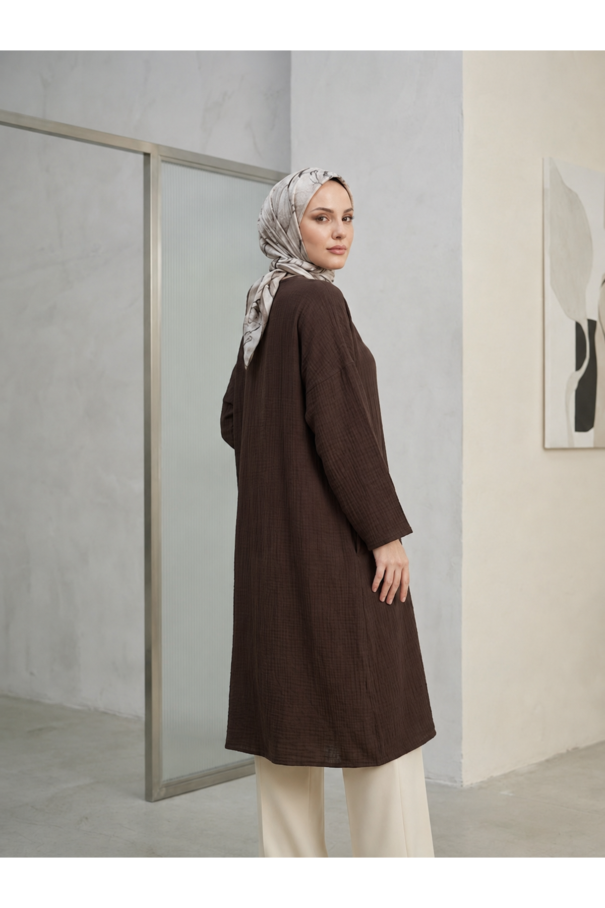 ELB04158-KHV Reklan Kol Müslin Elbise-Kahve