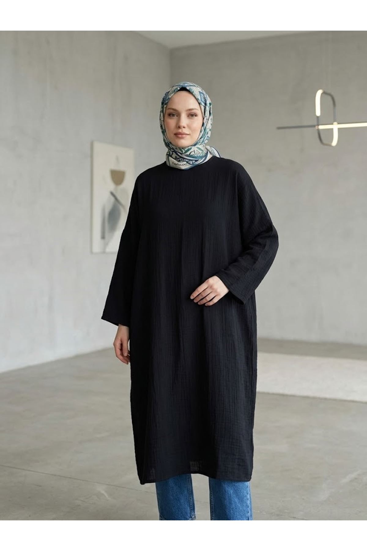 ELB04158-SYH Reklan Kol Müslin Elbise-Siyah