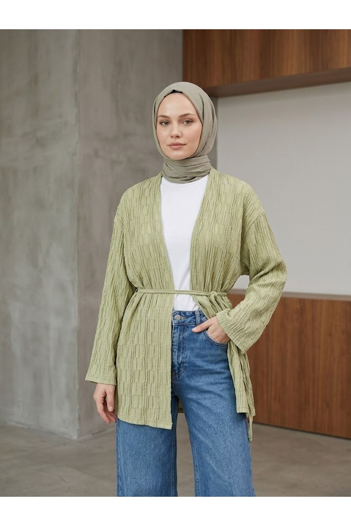 HIR02453-69 Ağaç Kabuğu Hırka-YAĞ YEŞİLİ