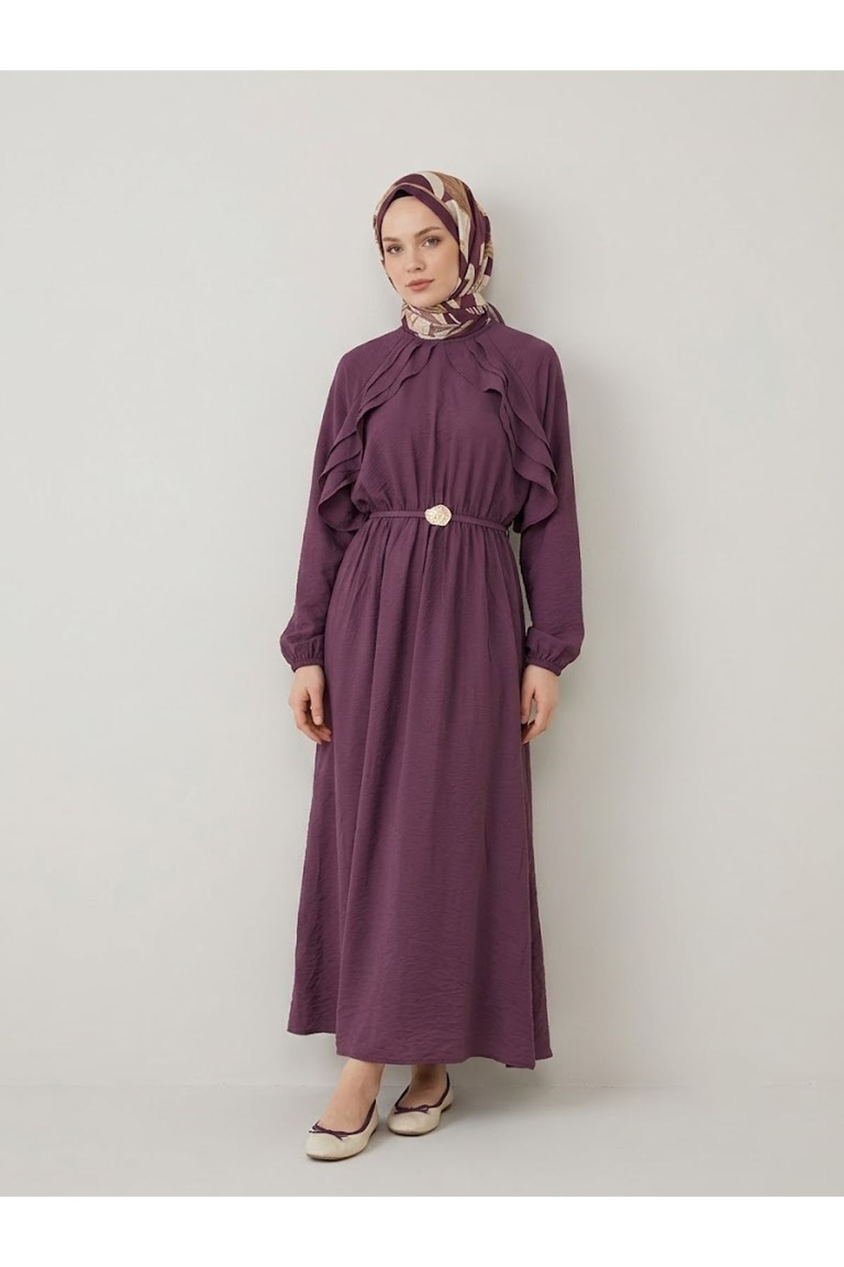 ELB04152-MRD Fırfır Detay Elbise-Mürdüm