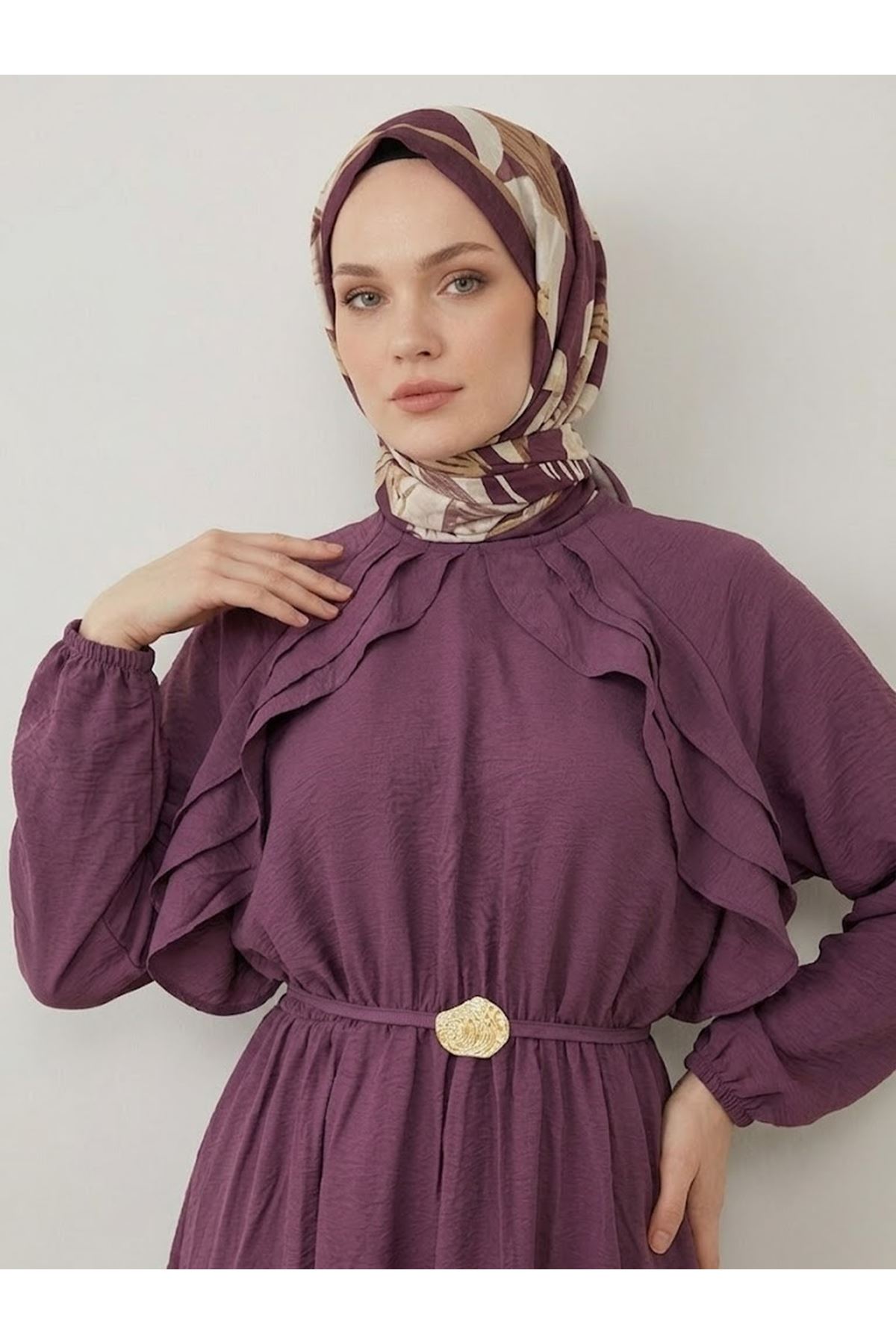 ELB04152-MRD Fırfır Detay Elbise-Mürdüm