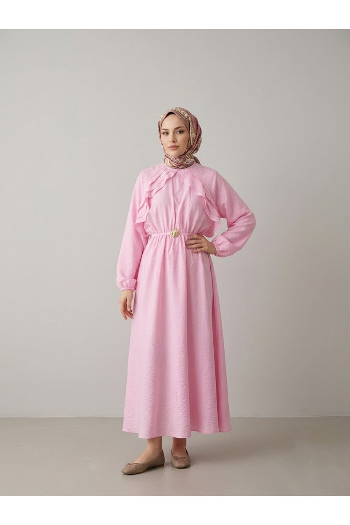 ELB04152-PMB Fırfır Detay Elbise-Pembe