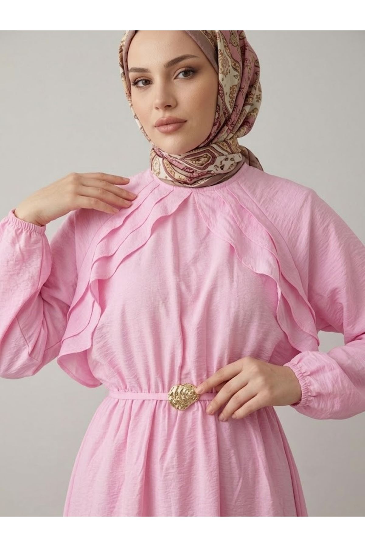 ELB04152-PMB Fırfır Detay Elbise-Pembe