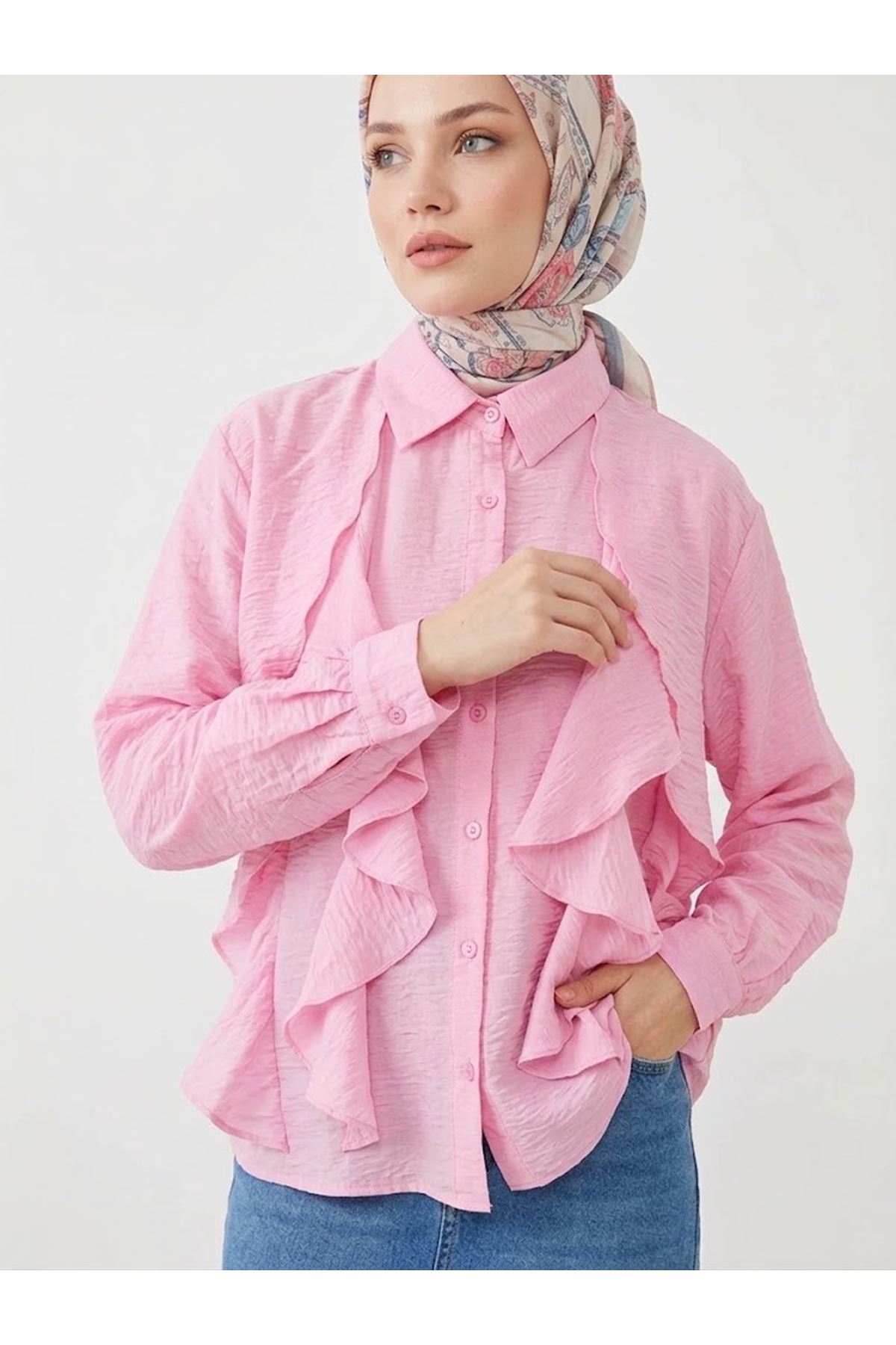 TUN05993-PMB Fırfır Detay Tunik-Pembe