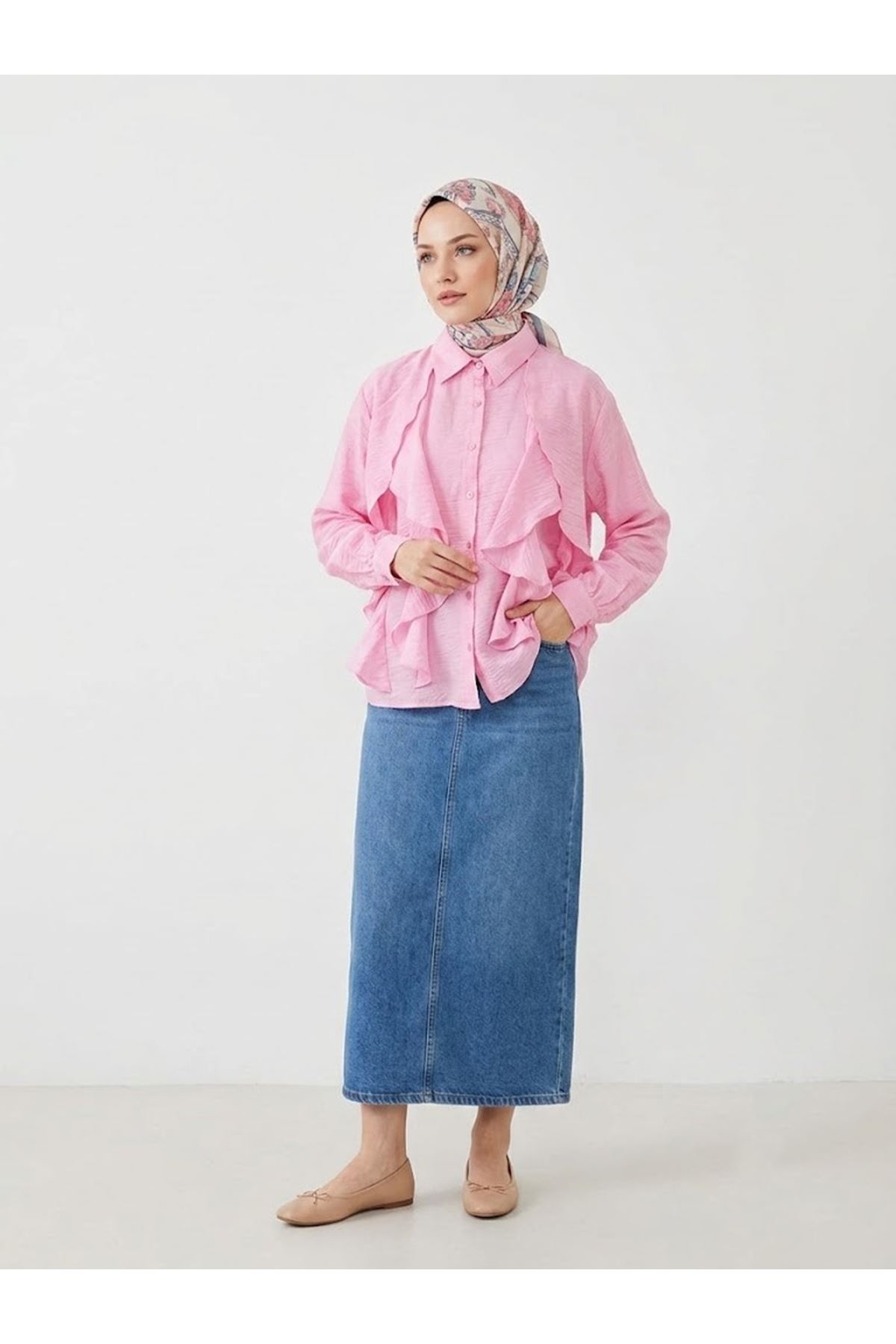 TUN05993-PMB Fırfır Detay Tunik-Pembe