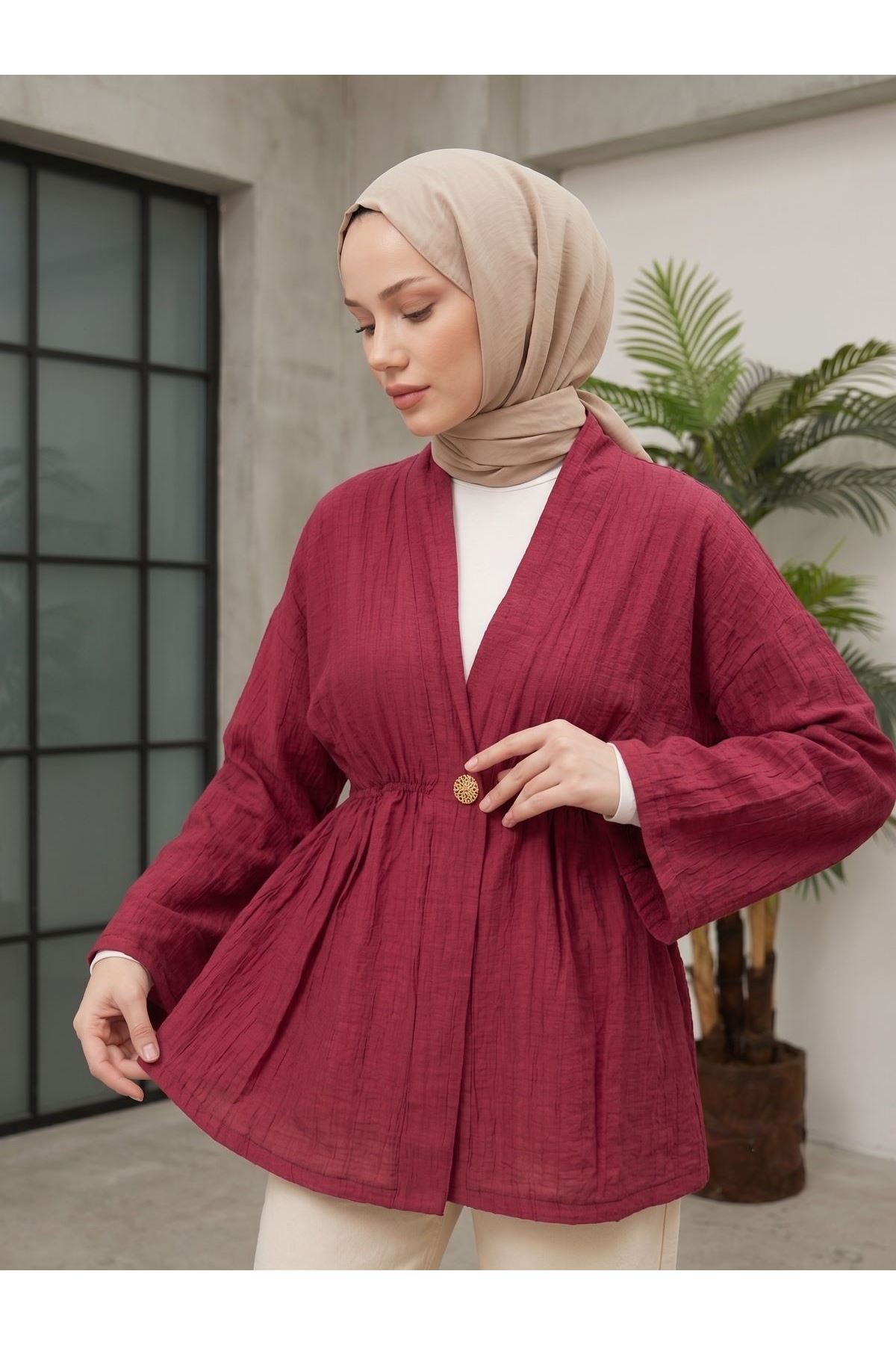 HIR02446-BRD Düğme Detay Çilek Hırka-Bordo
