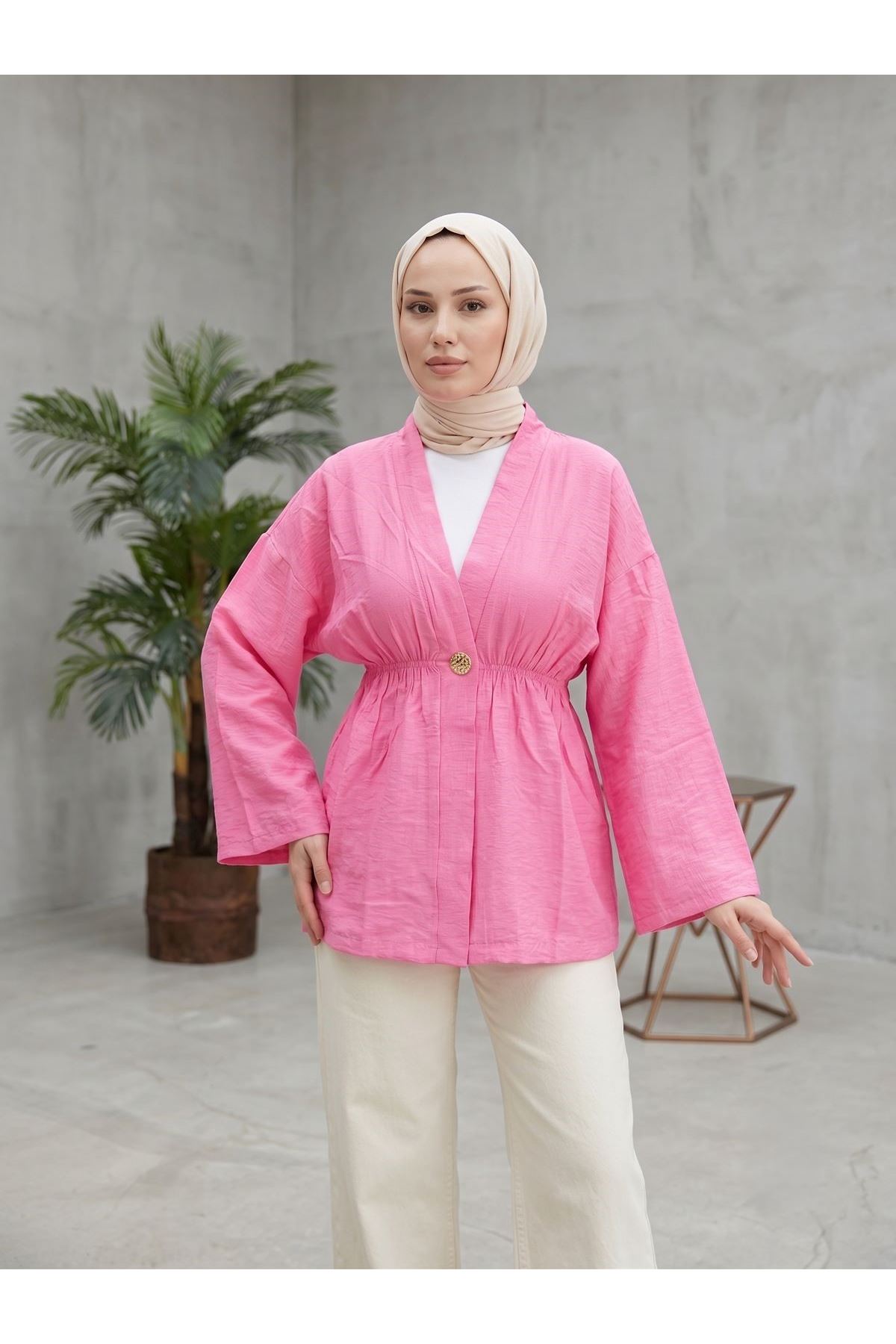 HIR02446-FUŞ Düğme Detay Çilek Hırka-Fuşya