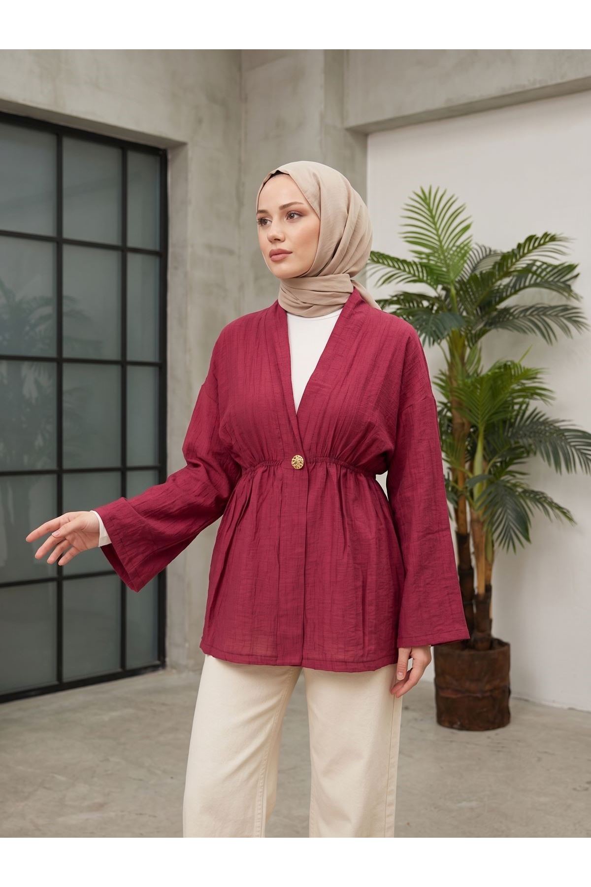 HIR02446-BRD Düğme Detay Çilek Hırka-Bordo