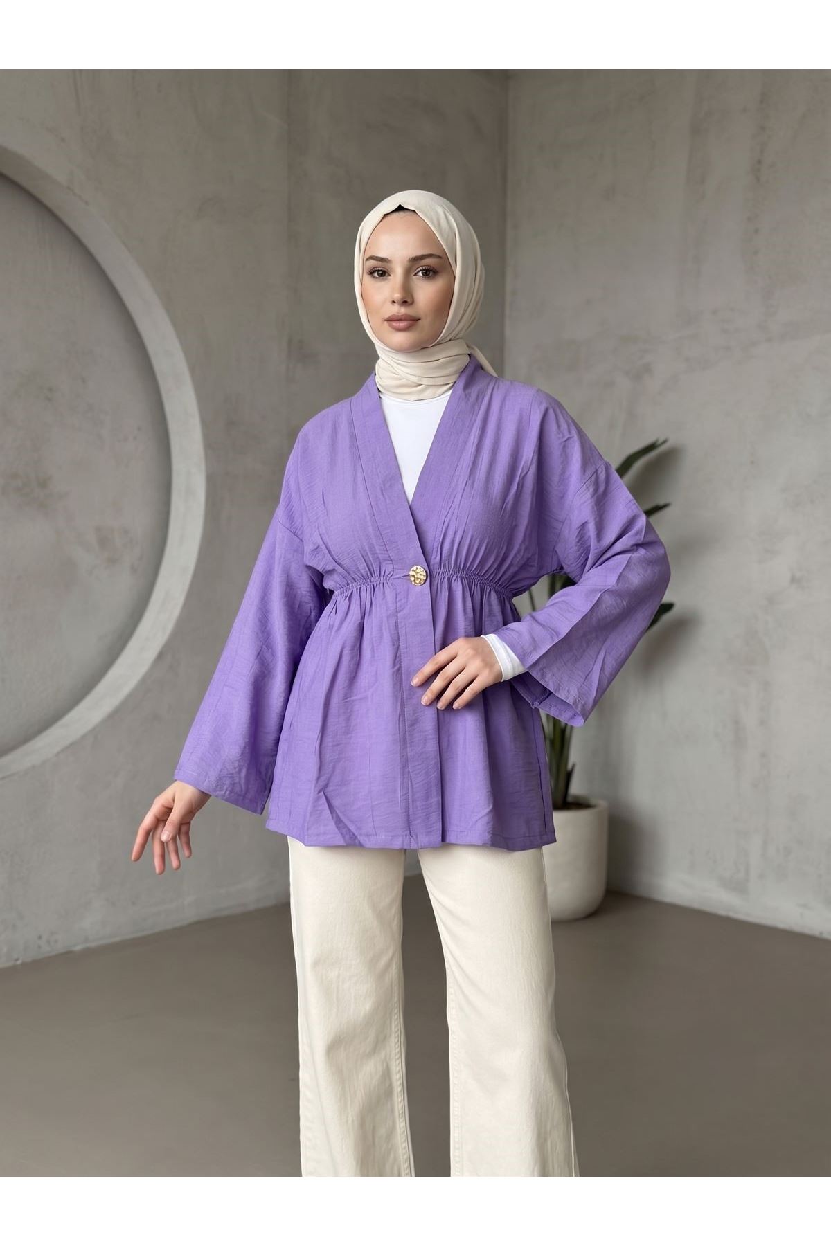HIR02446-LİL Düğme Detay Çilek Hırka-Lila