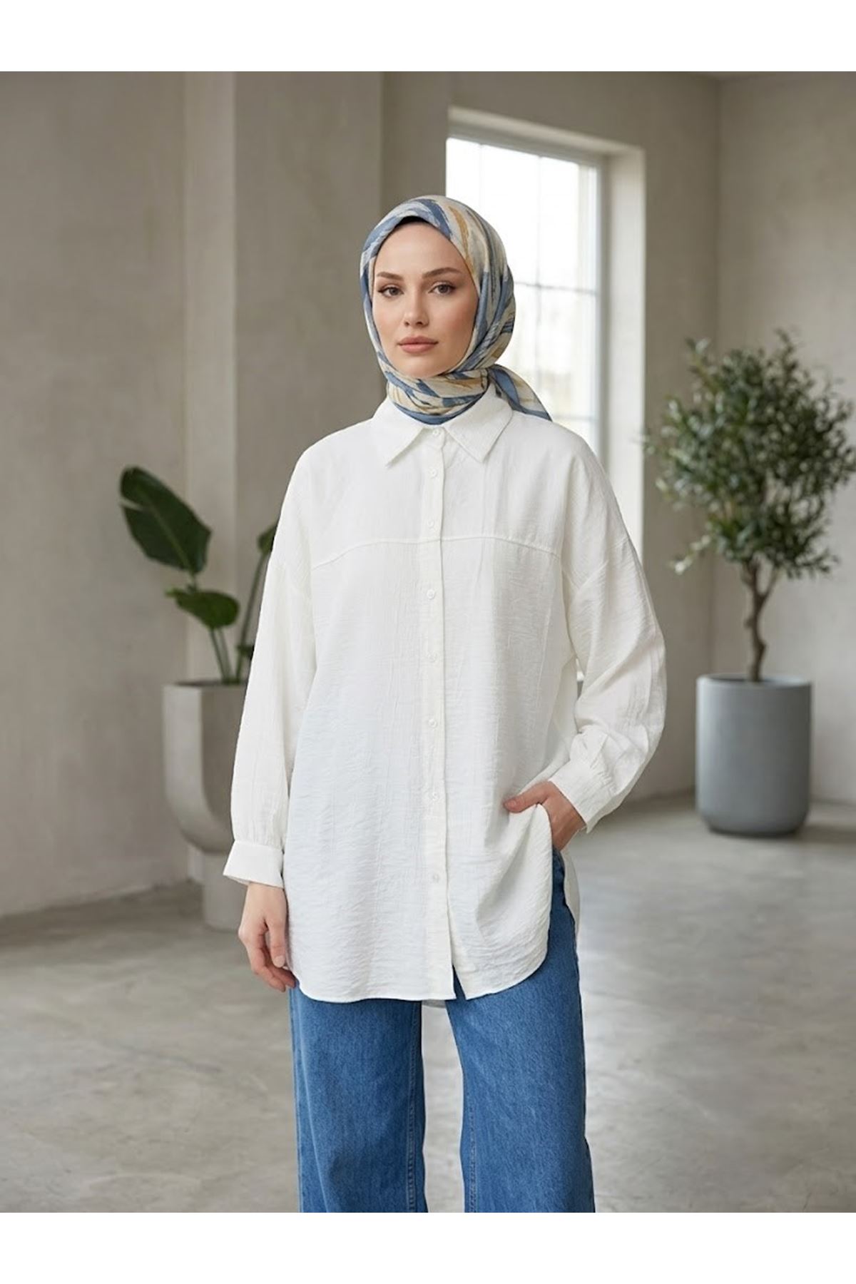 TUN05897-EKR Ön Roba Detaylı Tunik-Ekru