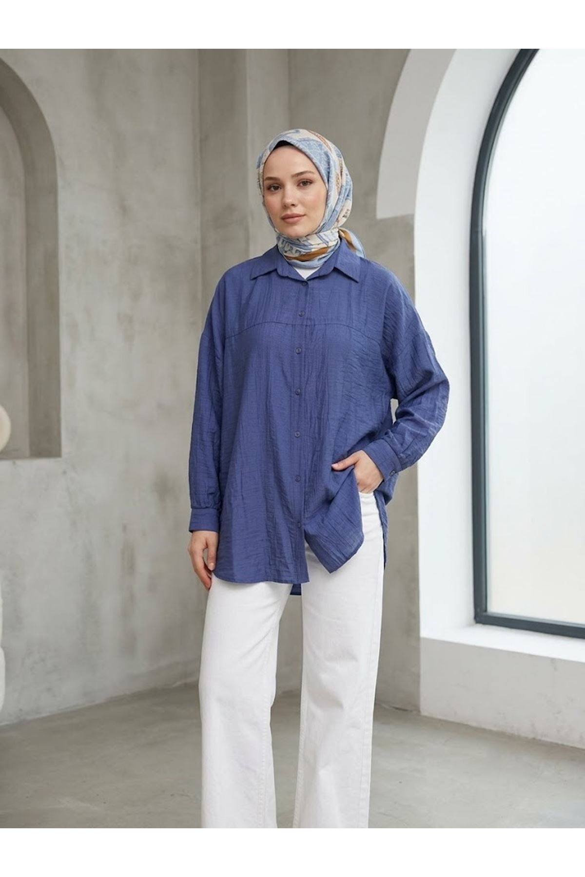 TUN05897-İND Ön Roba Detaylı Tunik-İndigo