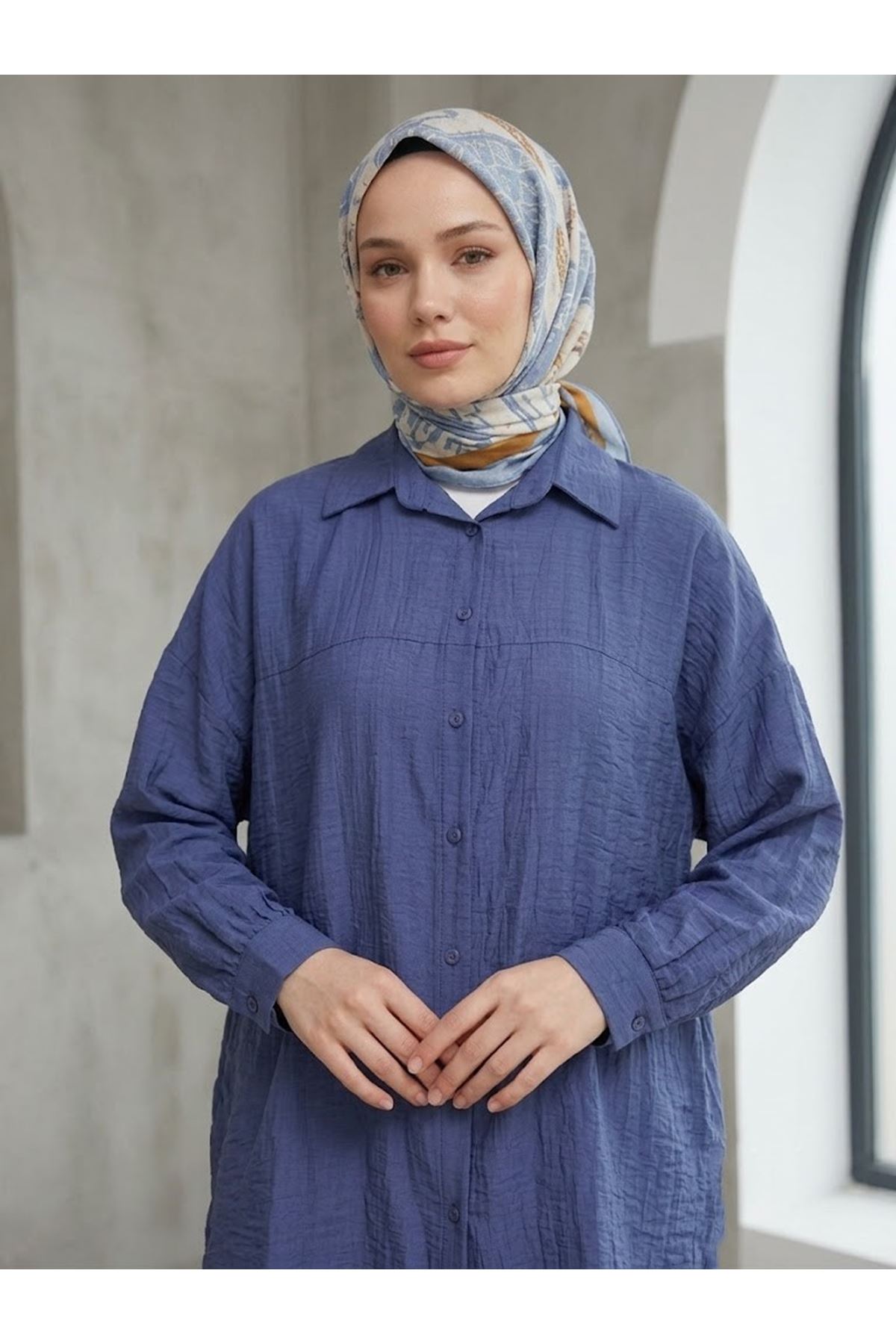 TUN05897-İND Ön Roba Detaylı Tunik-İndigo