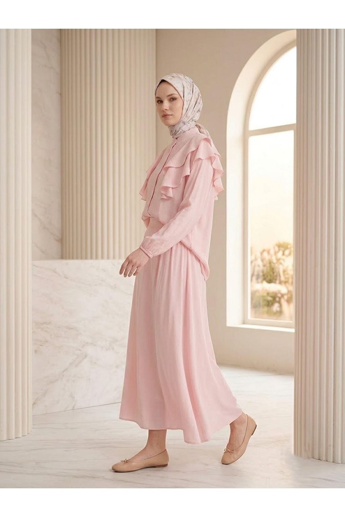 EİT00129-PMB Omuz Volanlı Etekli Takım-Pembe