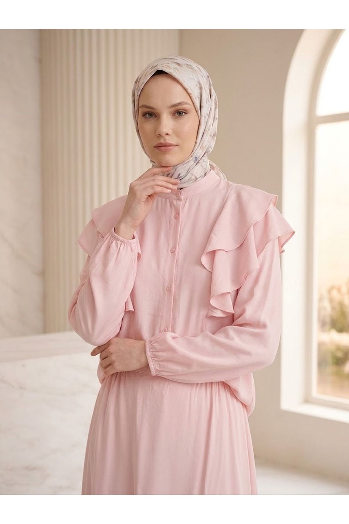 EİT00129-PMB Omuz Volanlı Etekli Takım-Pembe