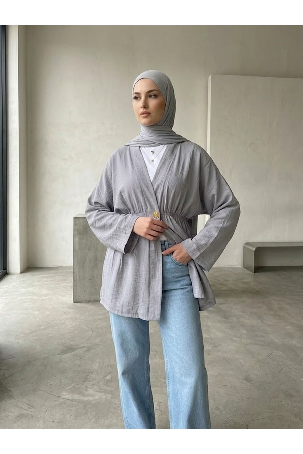 HIR02446-84 Düğme Detay Çilek Hırka-Açık Gri