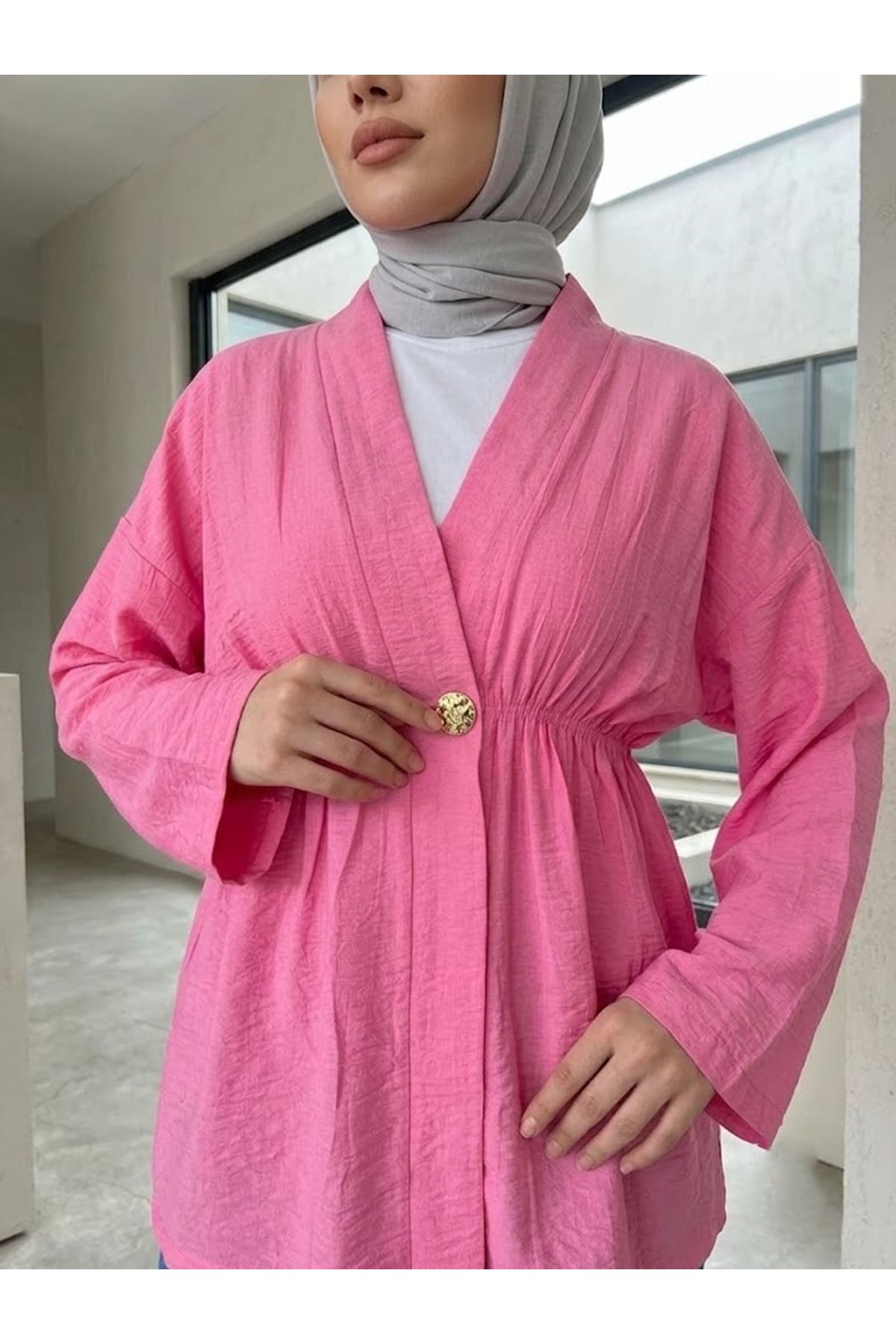 HIR02446-FUŞ Düğme Detay Çilek Hırka-Fuşya