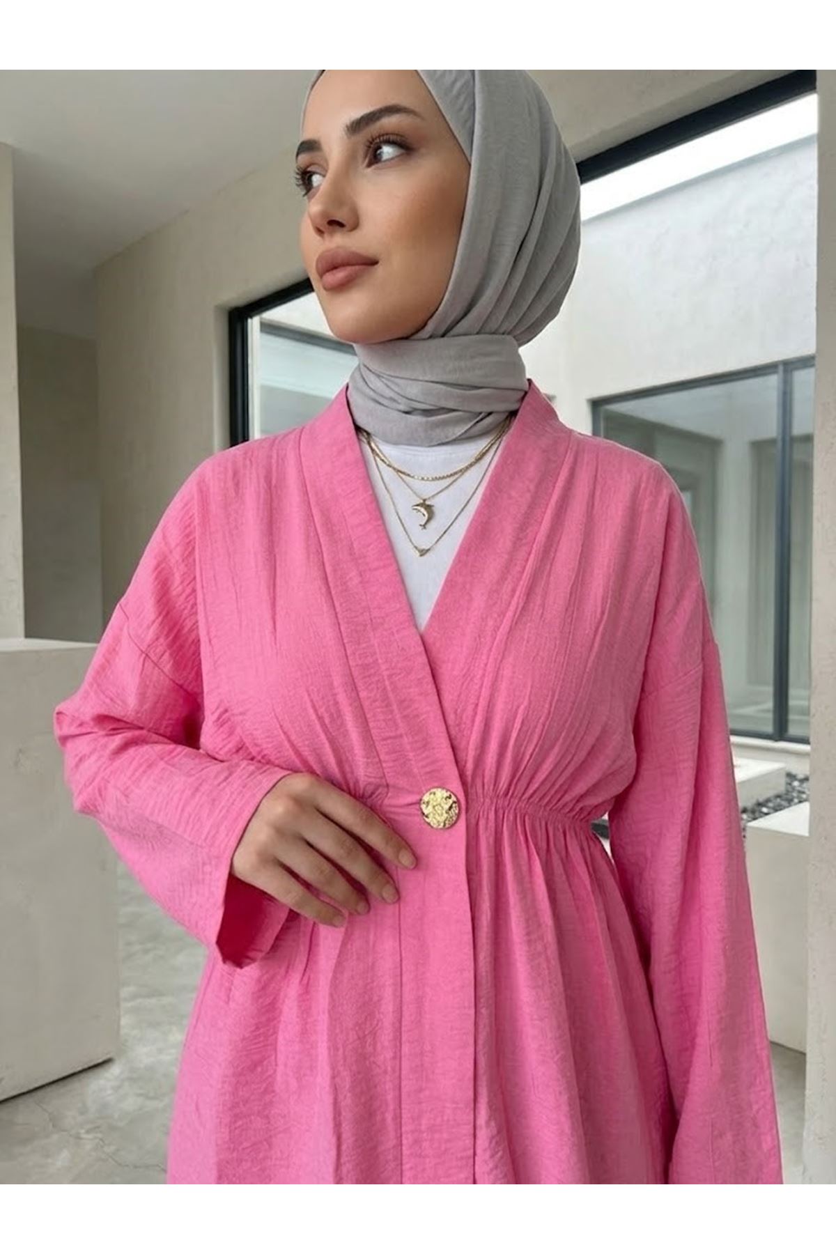 HIR02446-FUŞ Düğme Detay Çilek Hırka-Fuşya