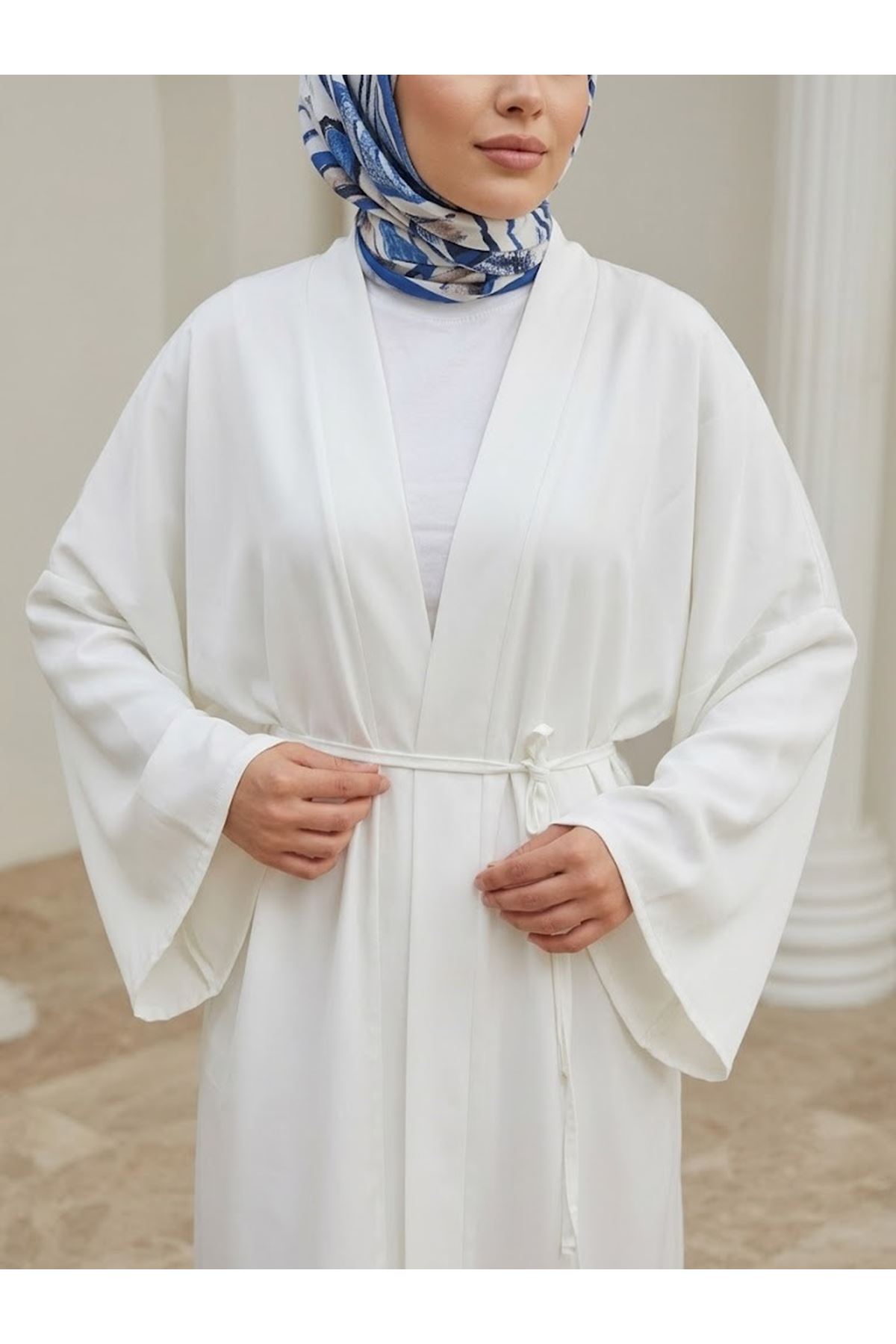 HIR02457-BYZ Kimono Uzun Dubai Hırka-Beyaz