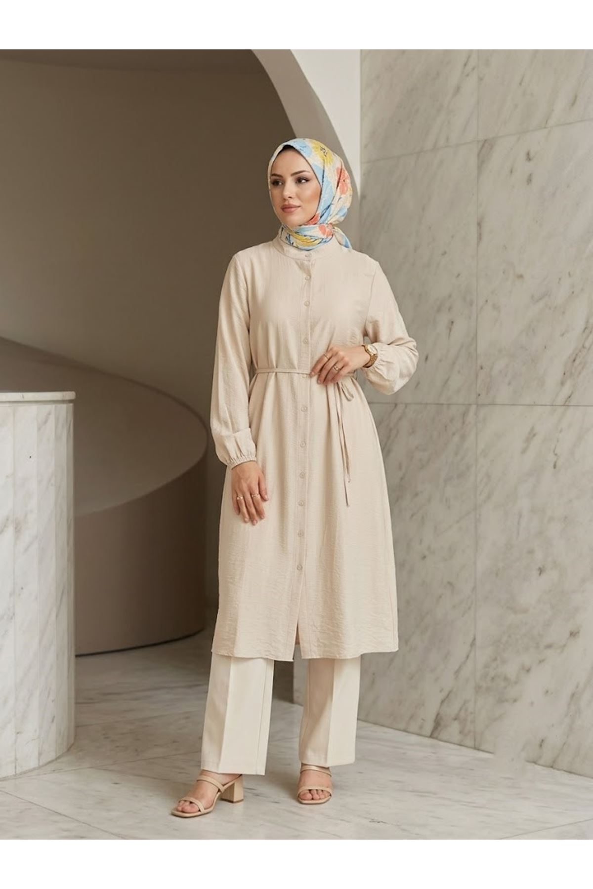 TUN05963-BEJ Hakim Yaka Uzun Tunik-Bej