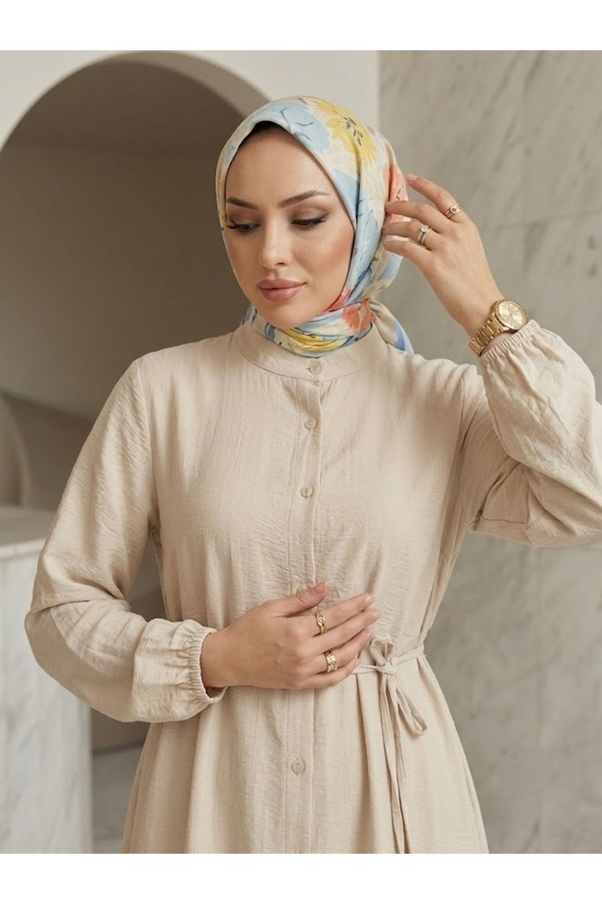 TUN05963-BEJ Hakim Yaka Uzun Tunik-Bej