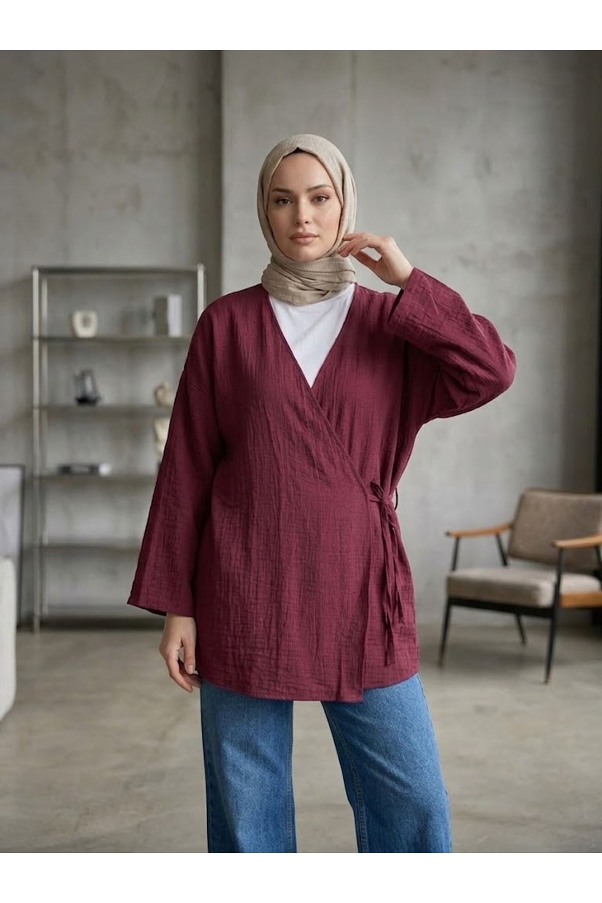 TUN05991-BRD Yan Bağlamalı Çilek Tunik-Bordo