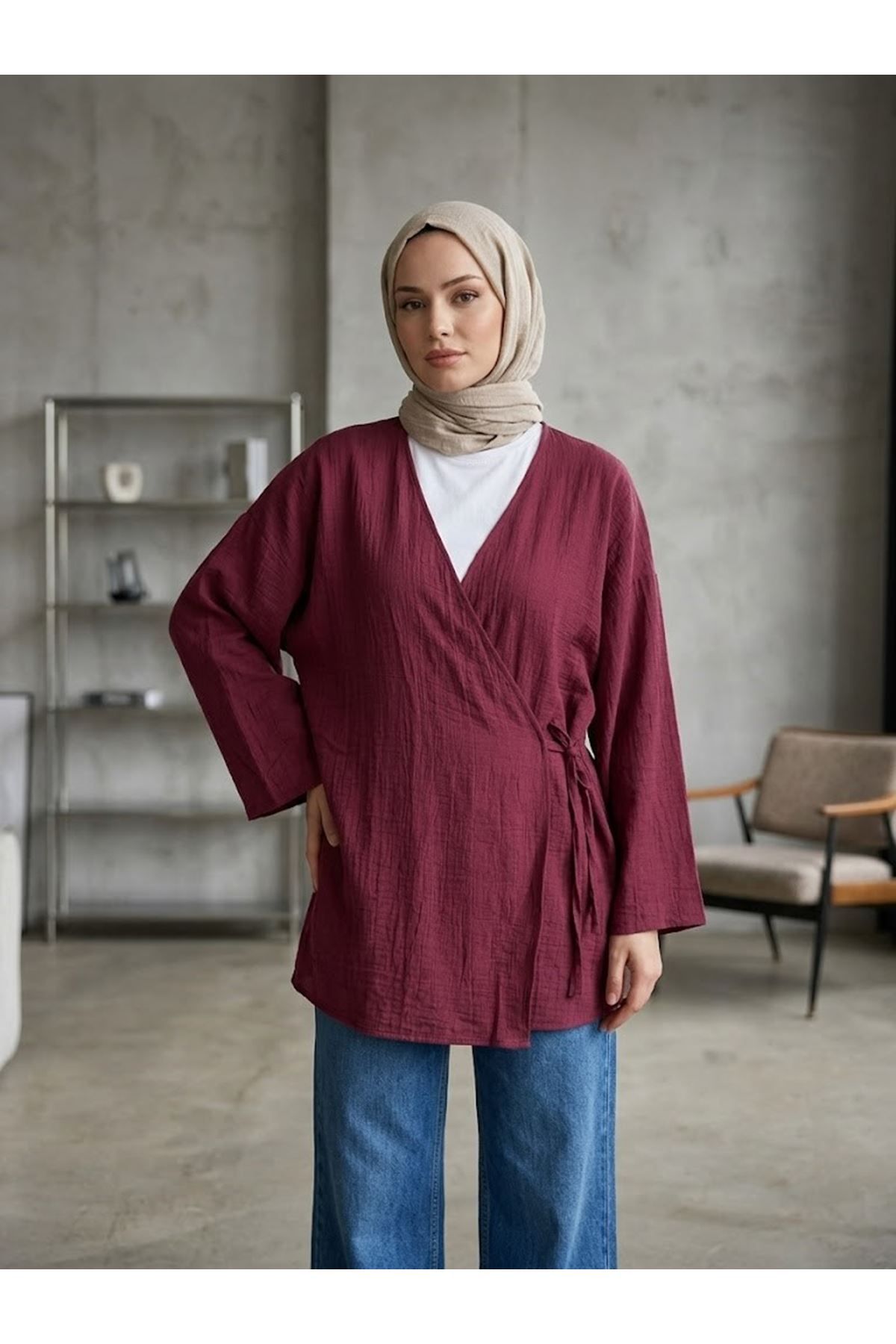 TUN05991-BRD Yan Bağlamalı Çilek Tunik-Bordo