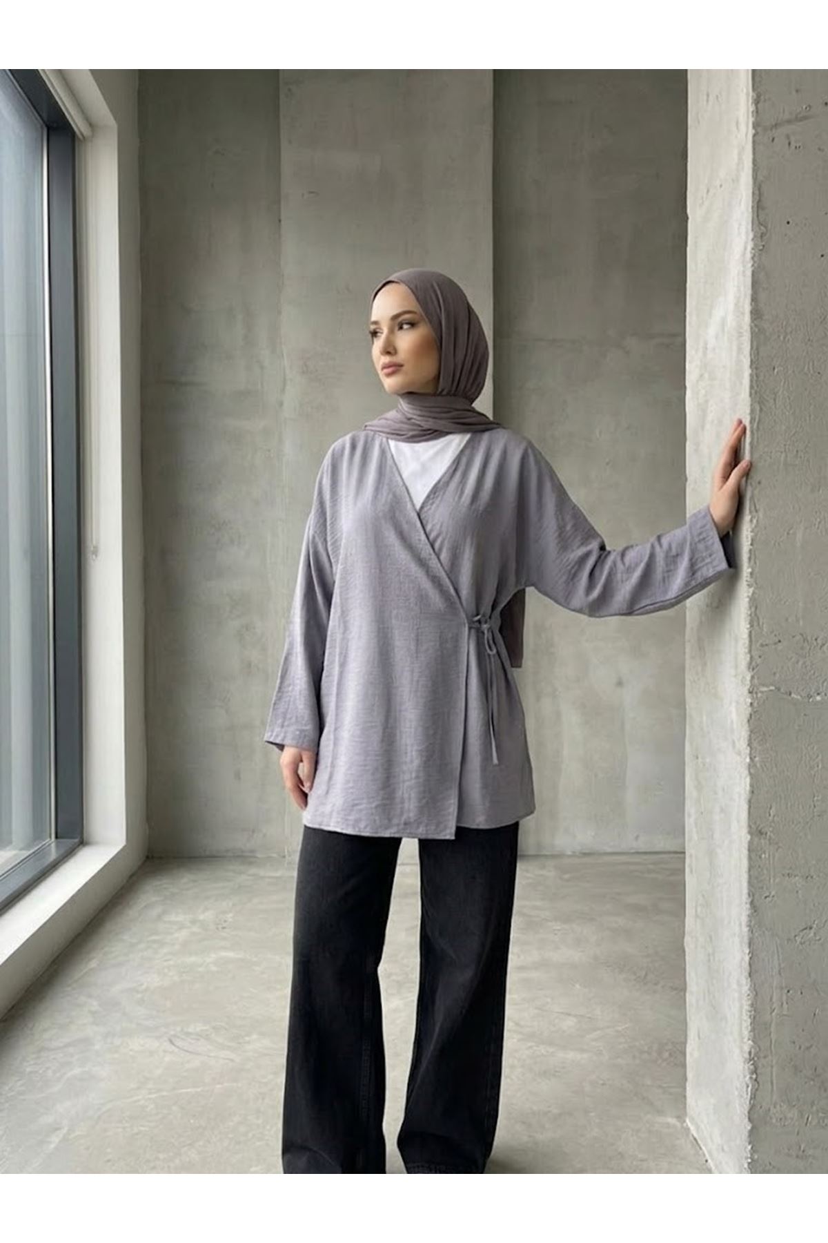 TUN05991-GRN Yan Bağlamalı Çilek Tunik-Gri