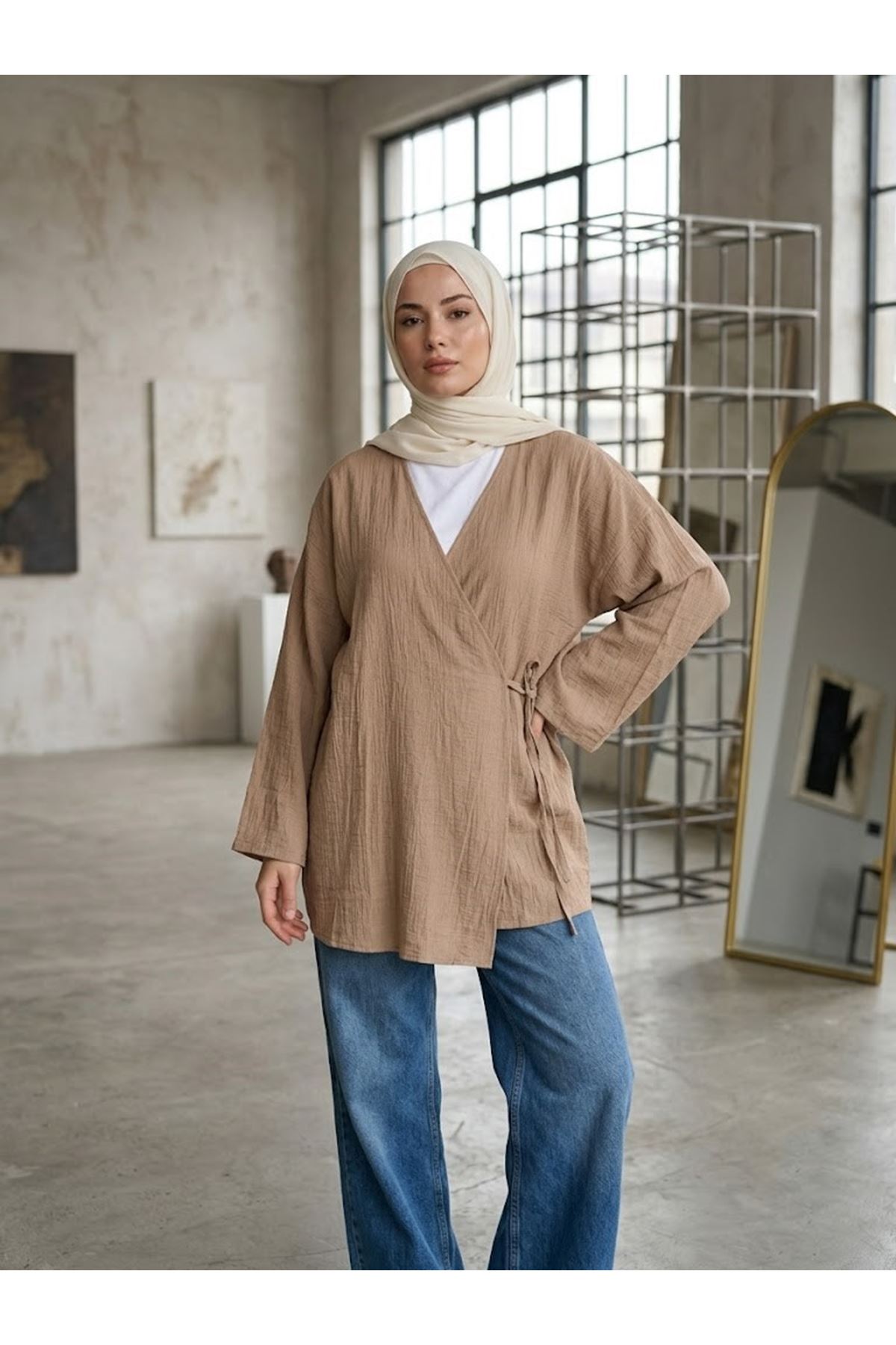 TUN05991-VİZ Yan Bağlamalı Çilek Tunik-Vizon