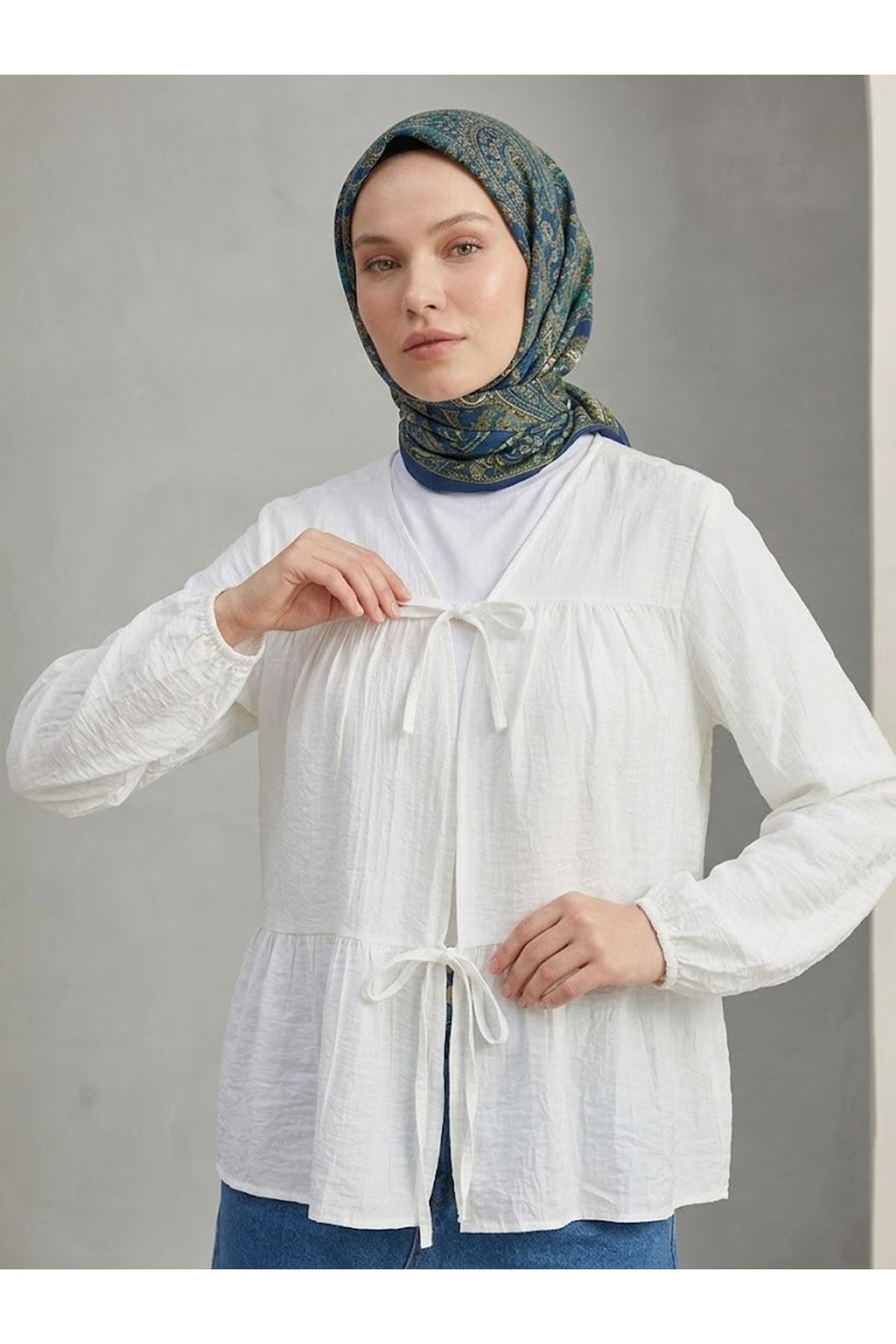 TUN05996-EKR İki Bağlamalı Çilek Tunik-Ekru
