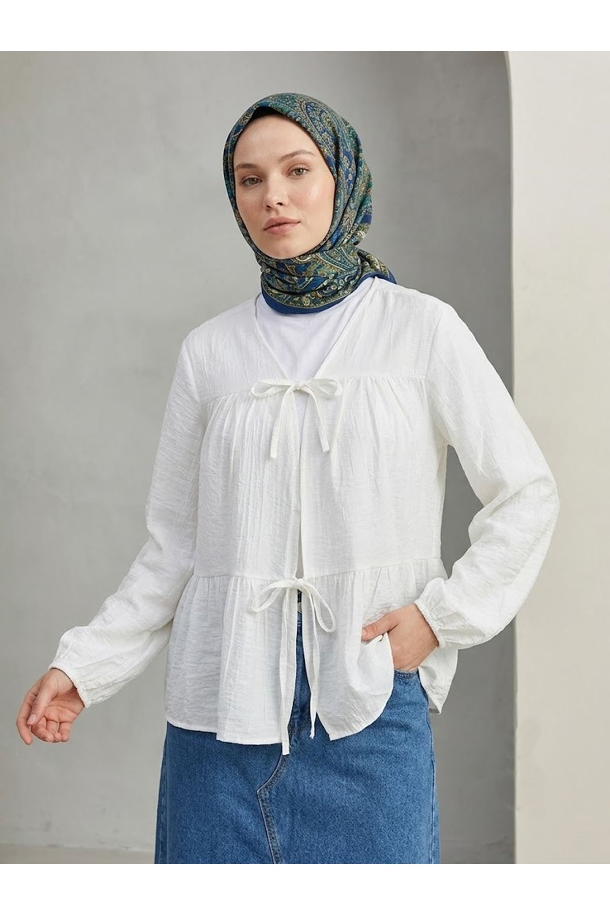 TUN05996-EKR İki Bağlamalı Çilek Tunik-Ekru