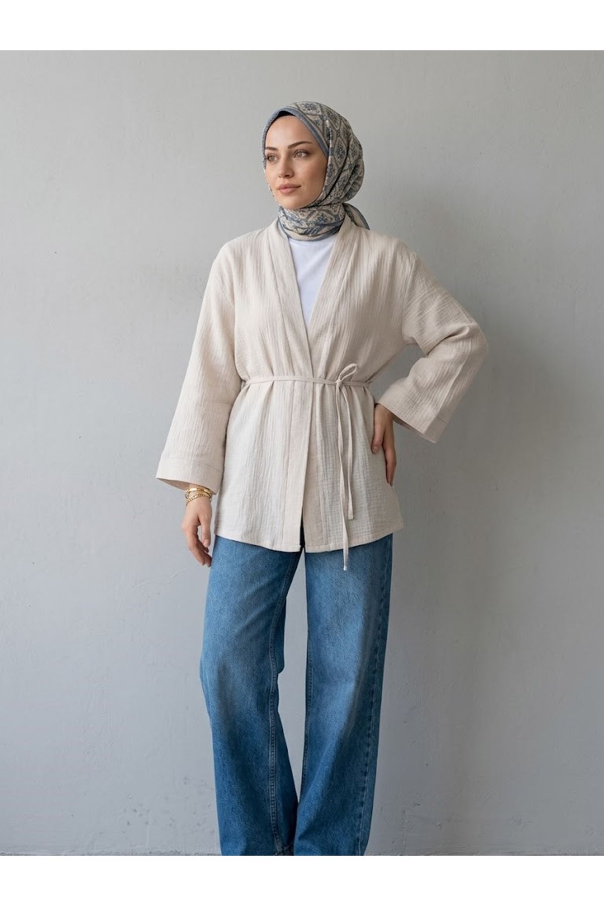 HIR02449-TAŞ Müslin Kimono-Taş