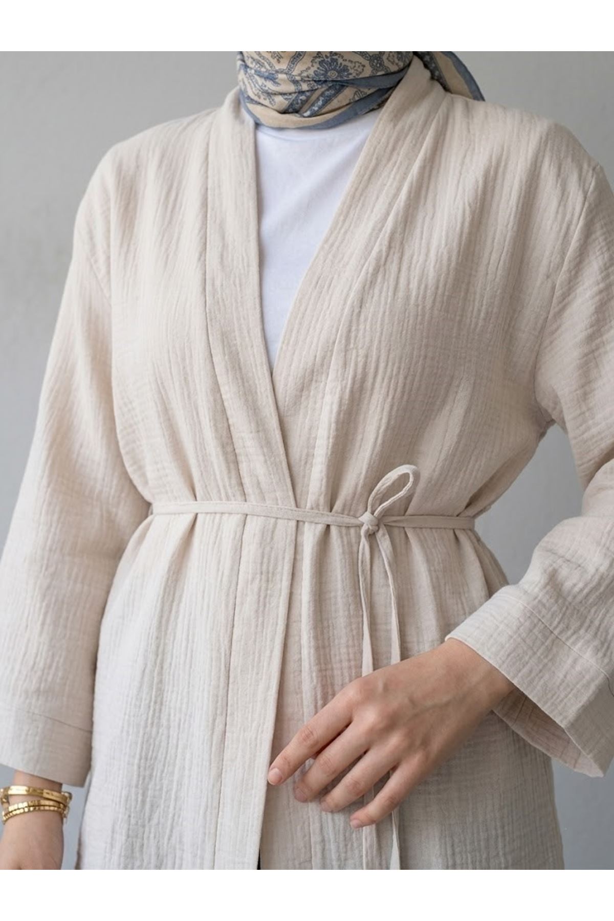 HIR02449-TAŞ Müslin Kimono-Taş
