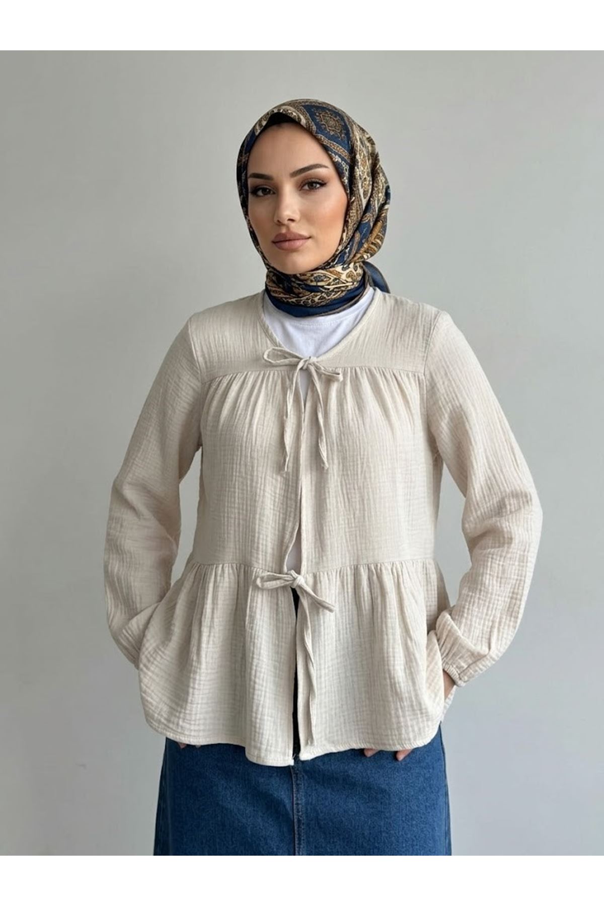 TUN05987-TAŞ İki Bağlamalı Müslin Tunik-Taş