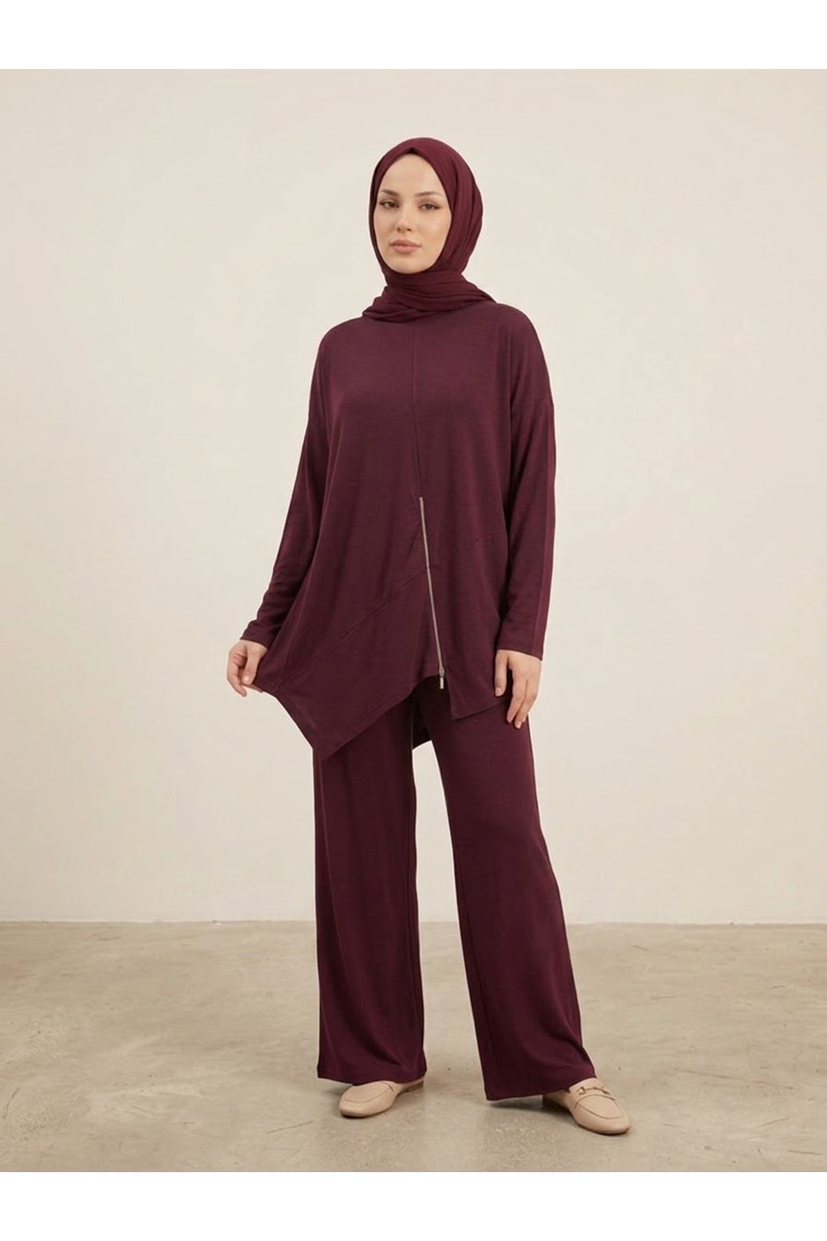 PİT00528-BRD Fermuar Detay Asimetrik  Kesim Pantolonlu Takım-Bordo