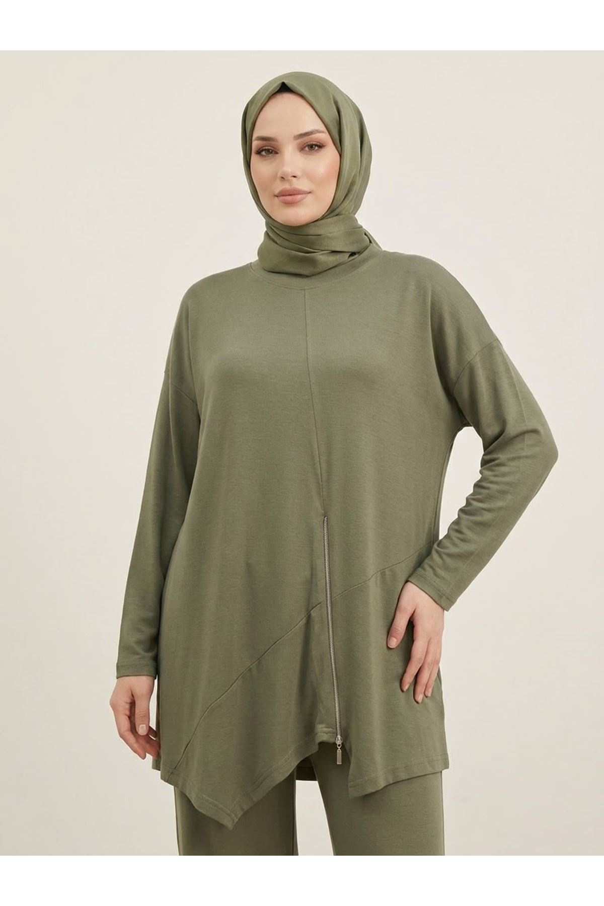 PİT00528-HKİ Fermuar Detay Asimetrik  Kesim Pantolonlu Takım-Haki