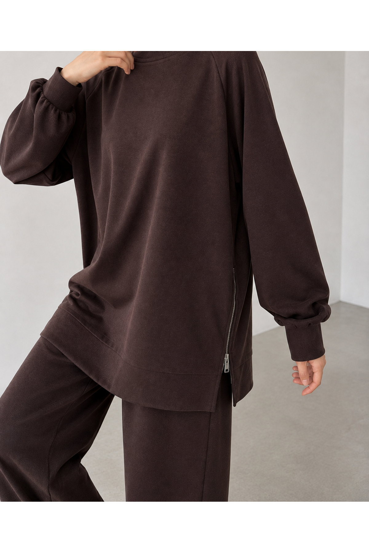 PİT00529-KHV İki Yan Fermuar Detay Reglan Kol Pantolonlu Takım-Kahve
