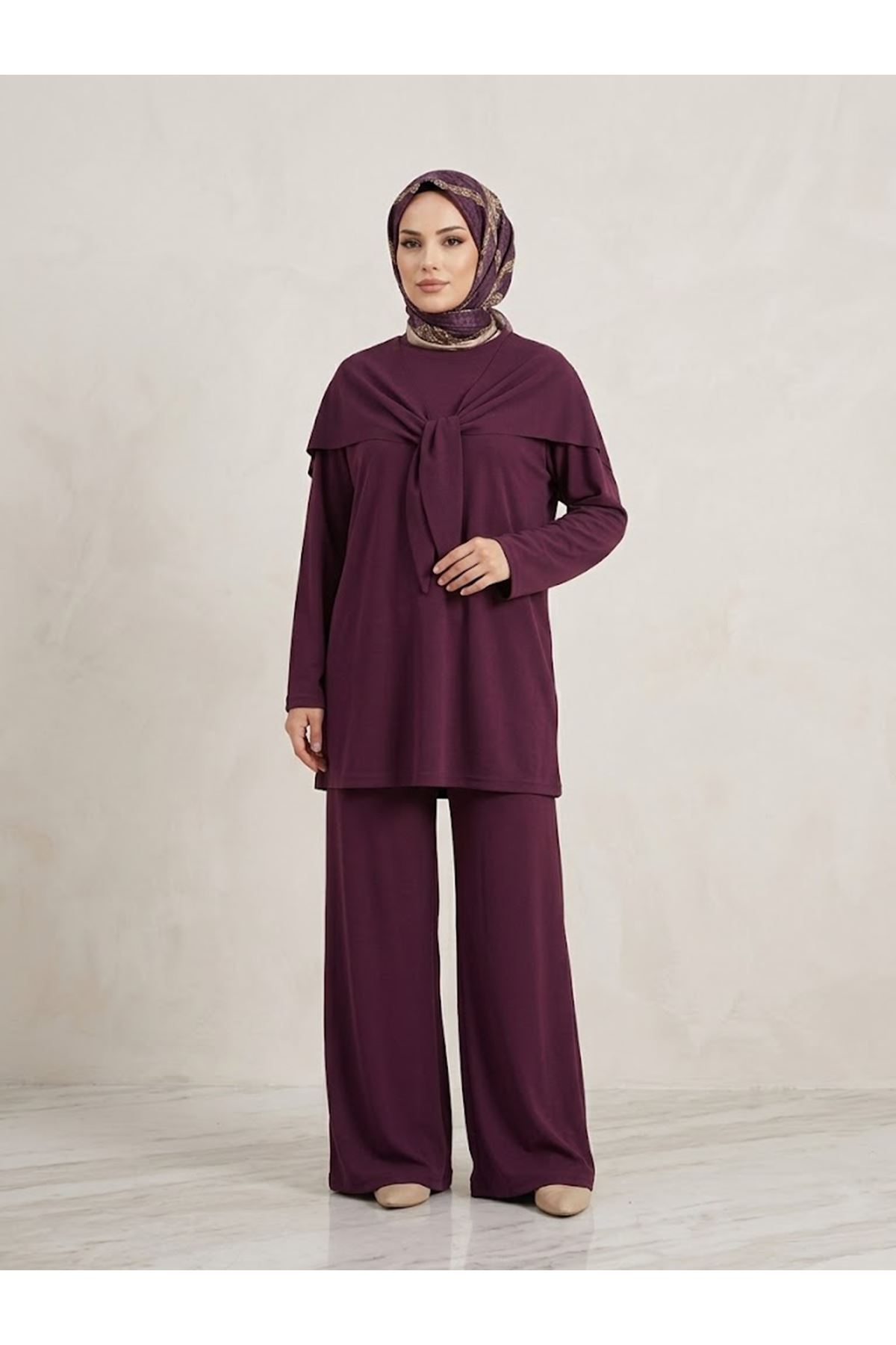 PİT00531-BRD Pelerin Detay  Pantolonlu Pike Takım-Bordo